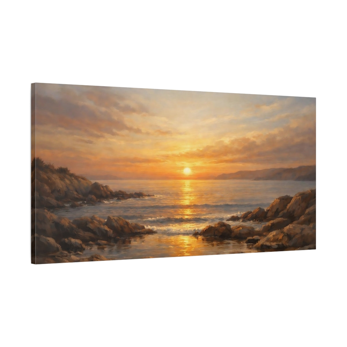 Side Mockup 1. Nature Ocean Sunset Golden Ocean Sunset shown as stretched canvas wall art