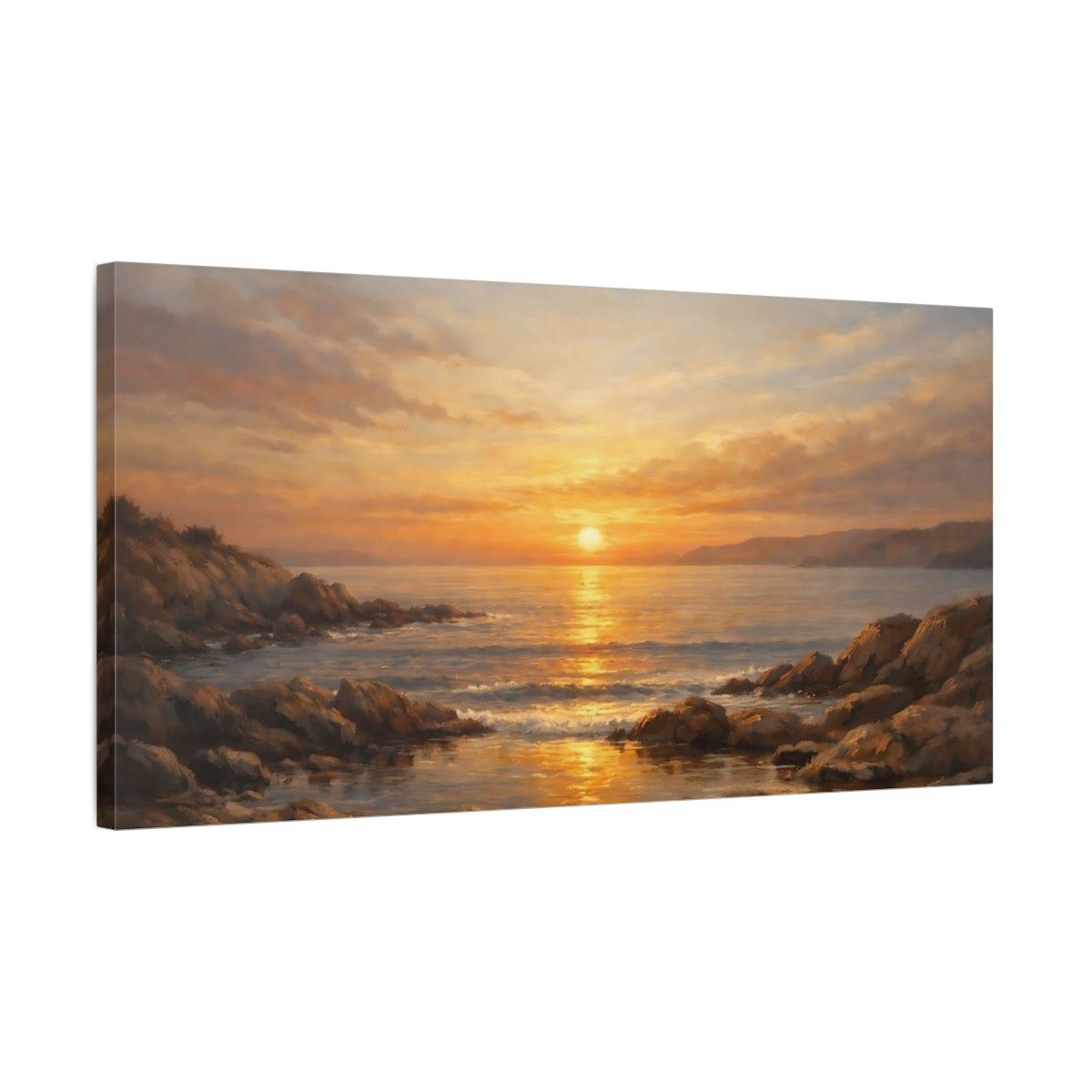 Side Mockup 2. Nature Ocean Sunset Golden Ocean Sunset shown as stretched canvas wall art