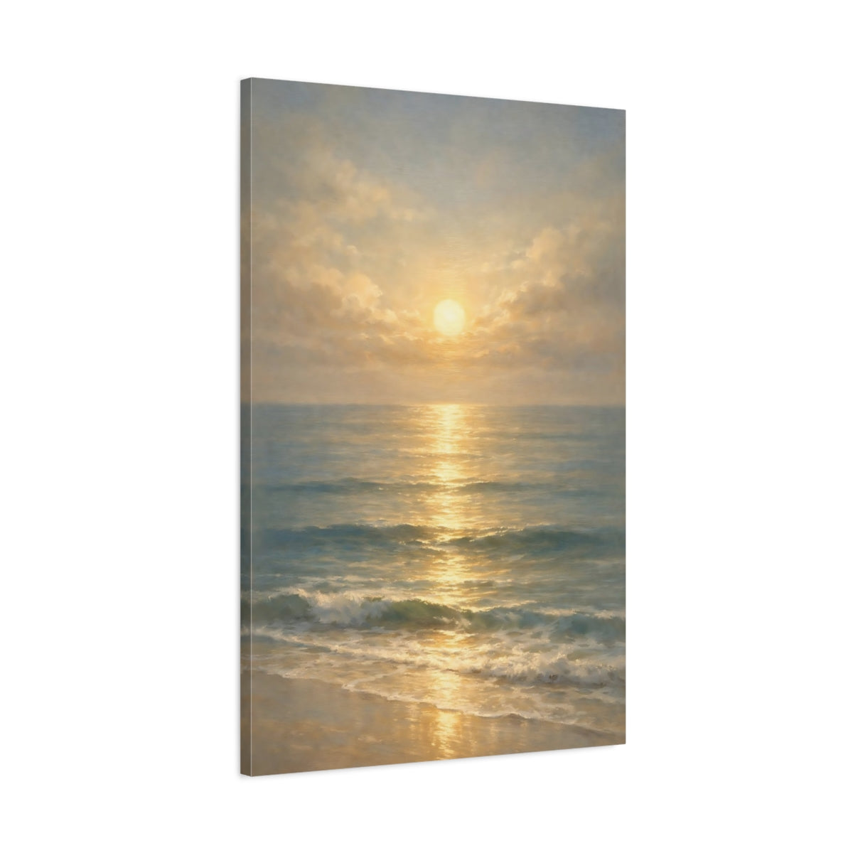 Side Mockup 1. Nature Ocean Sunset Golden Ocean Sunset shown as stretched canvas wall art