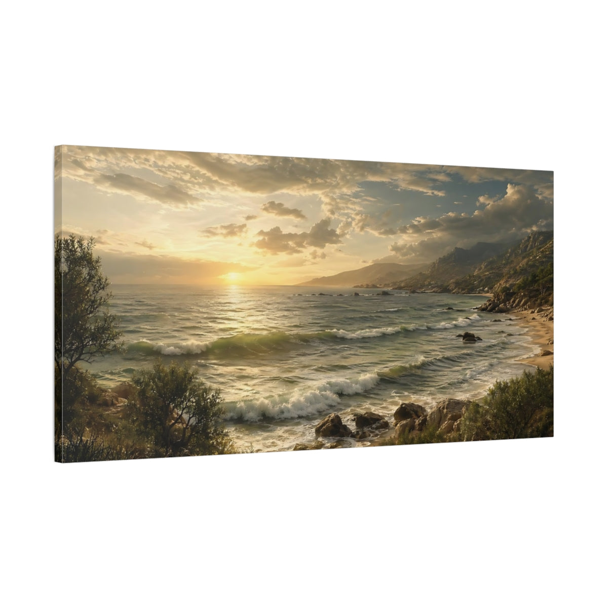 Main Mockup. Nature Ocean Sunset Golden Coastal Landscape shown as stretched canvas wall art