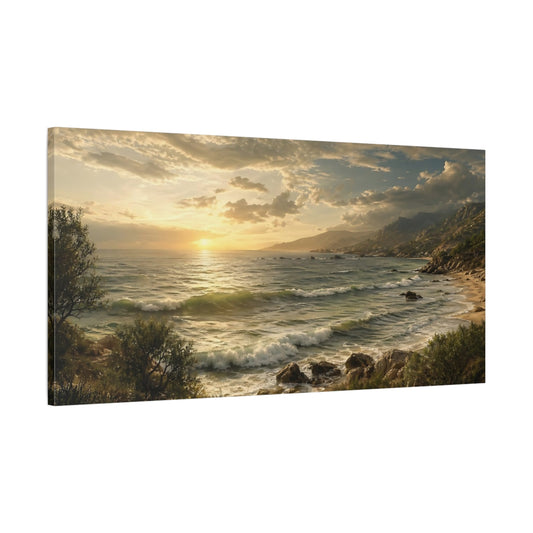 Main Mockup. Nature Ocean Sunset Golden Coastal Landscape shown as stretched canvas wall art