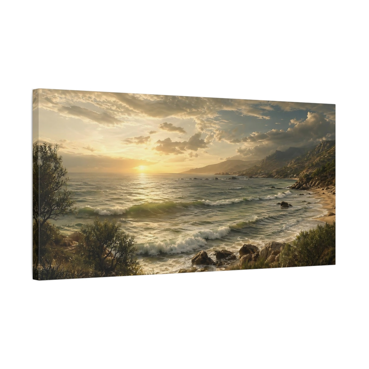 Side Mockup 1. Nature Ocean Sunset Golden Coastal Landscape shown as stretched canvas wall art