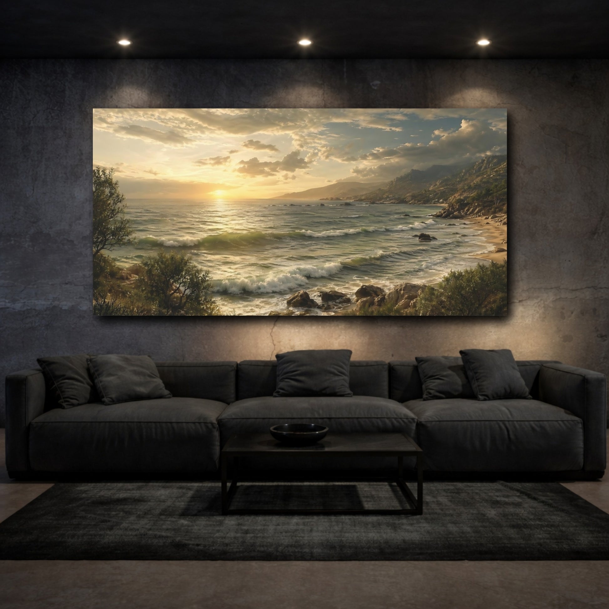 Mockup 2. Nature Ocean Sunset Golden Coastal Landscape shown as stretched canvas wall art