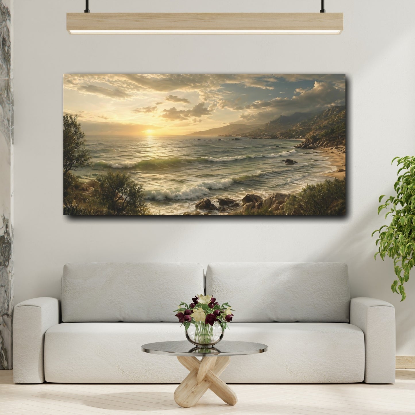Mockup 3. Nature Ocean Sunset Golden Coastal Landscape shown as stretched canvas wall art