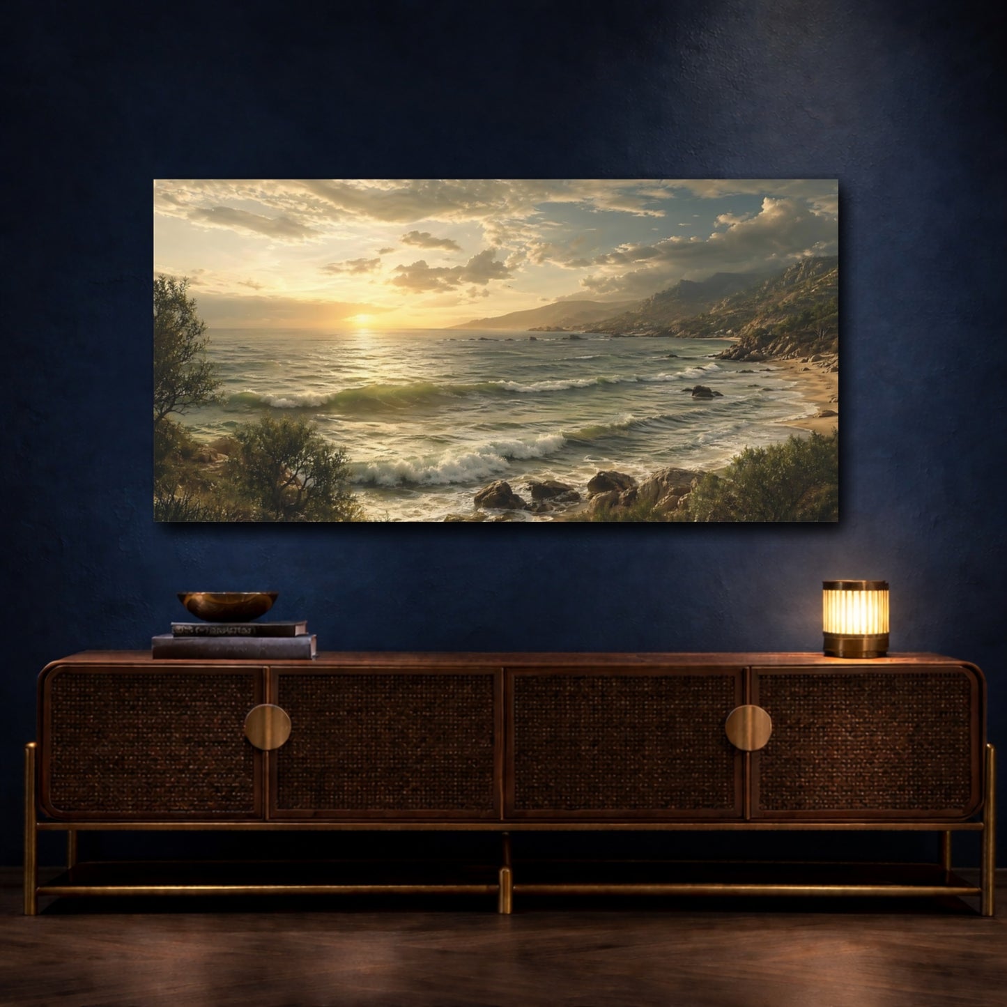 Mockup 4. Nature Ocean Sunset Golden Coastal Landscape shown as stretched canvas wall art