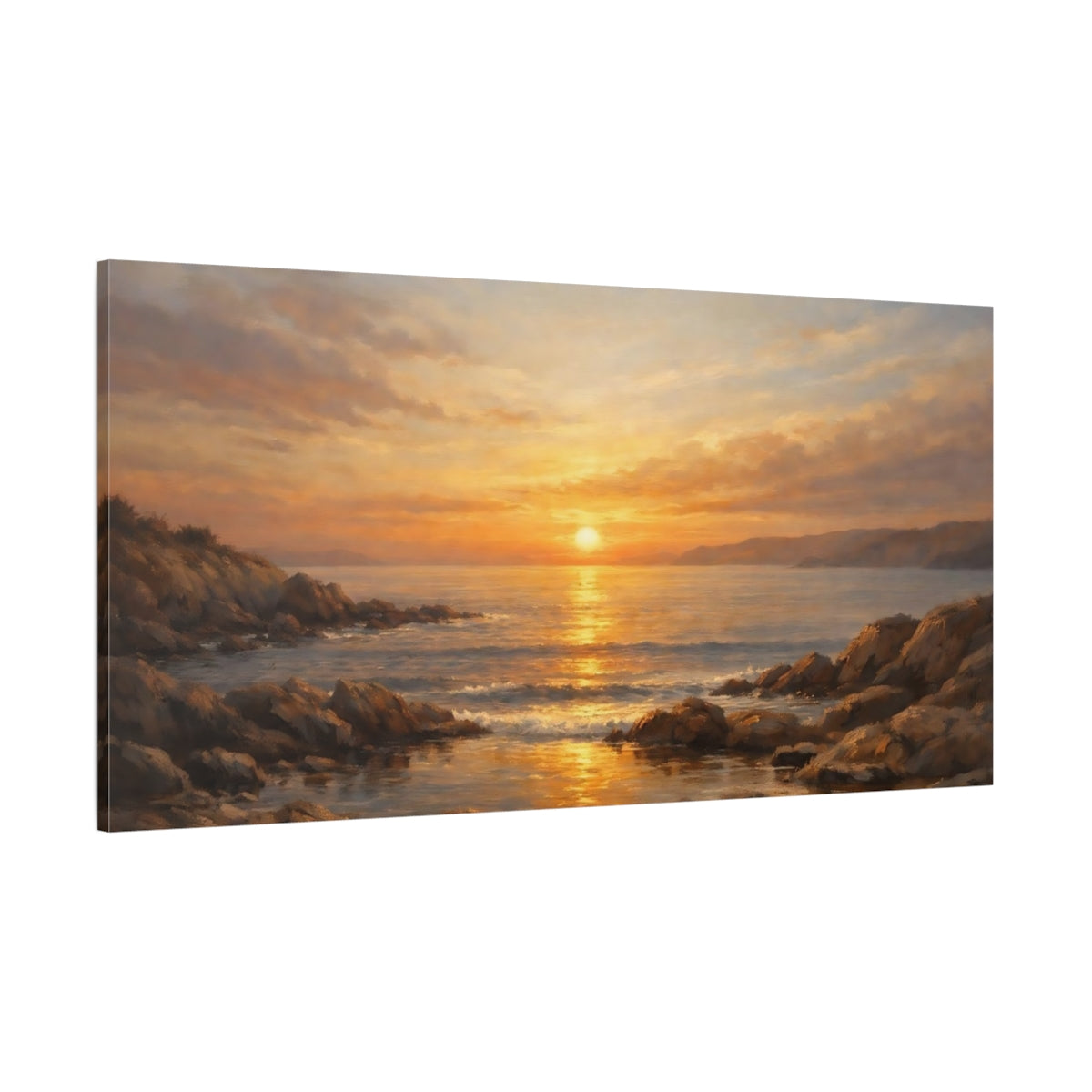 Main Mockup. Nature Ocean Sunset Golden Ocean Sunset shown as stretched canvas wall art
