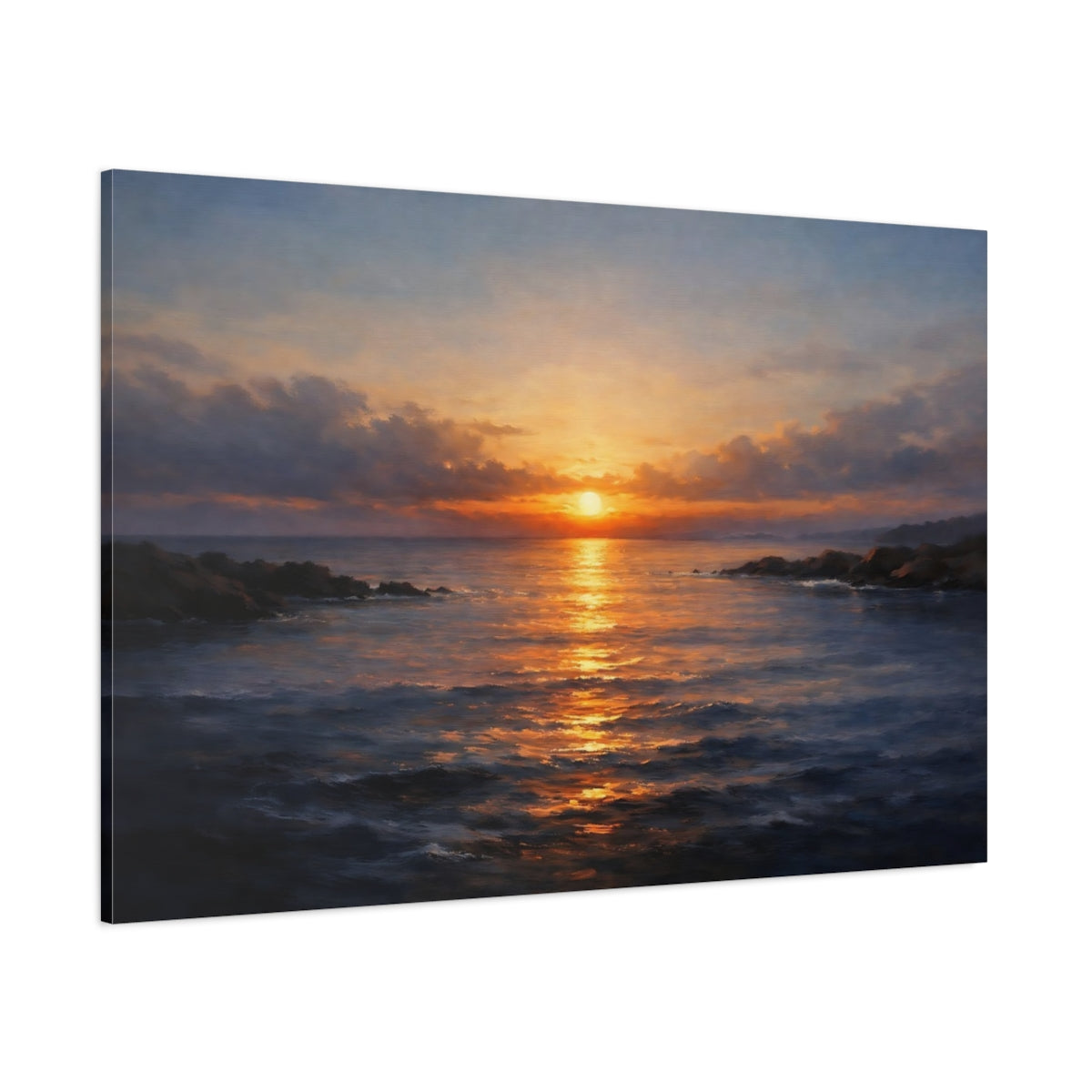 Main Mockup. Nature Ocean Sunset Golden Ocean Sunset shown as stretched canvas wall art
