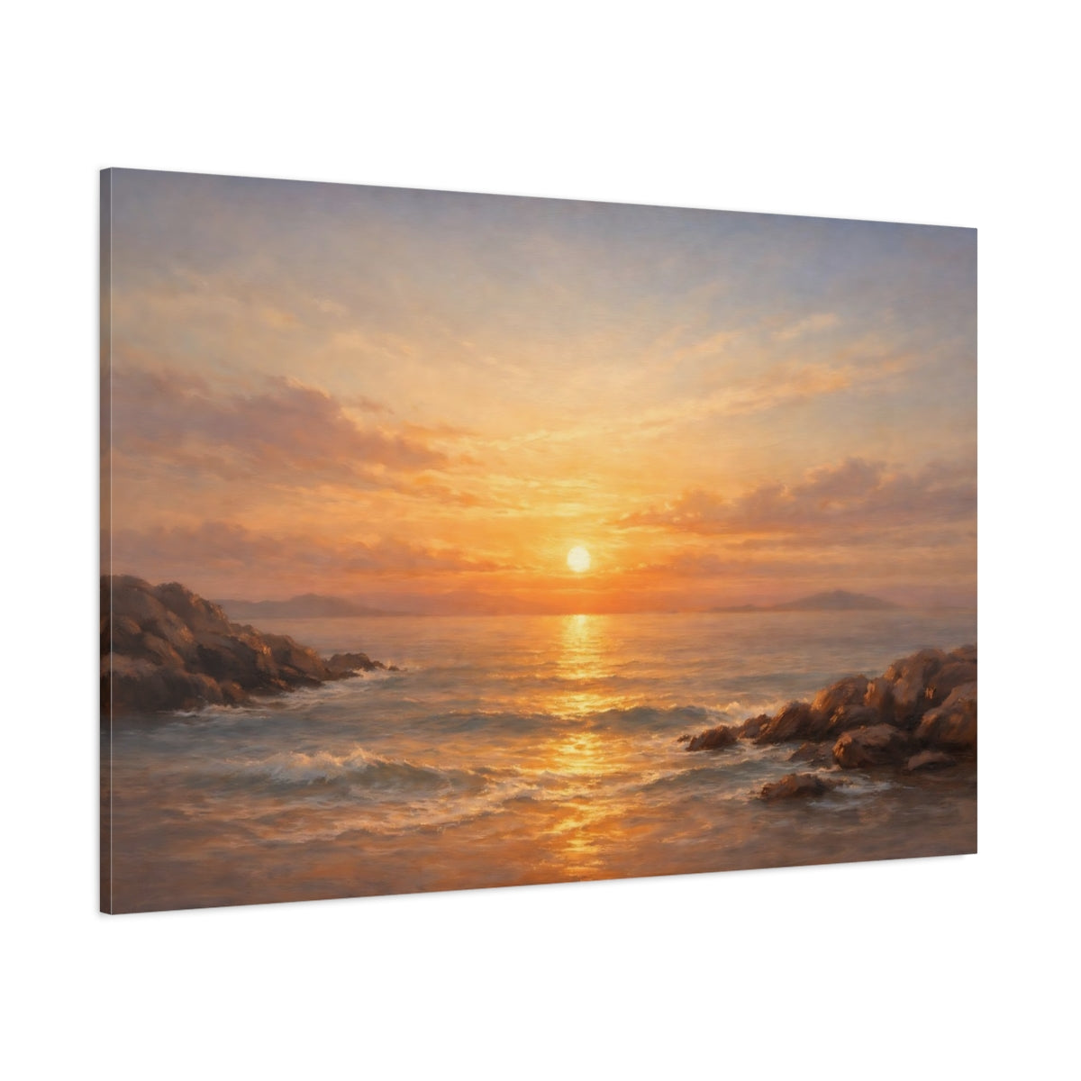Main Mockup. Nature Ocean Sunset Golden Ocean Sunset shown as stretched canvas wall art
