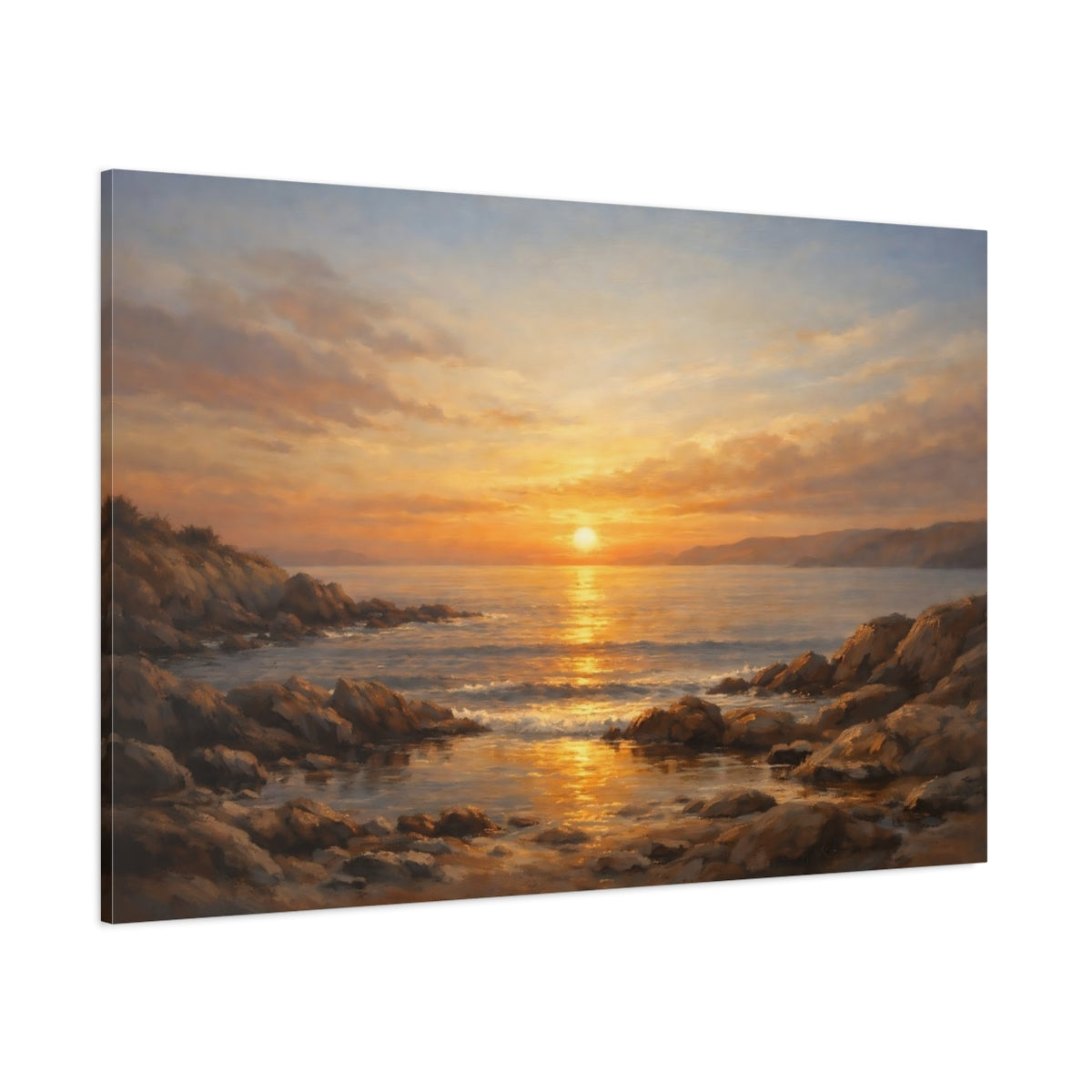 Main Mockup. Nature Ocean Sunset Golden Ocean Sunset shown as stretched canvas wall art