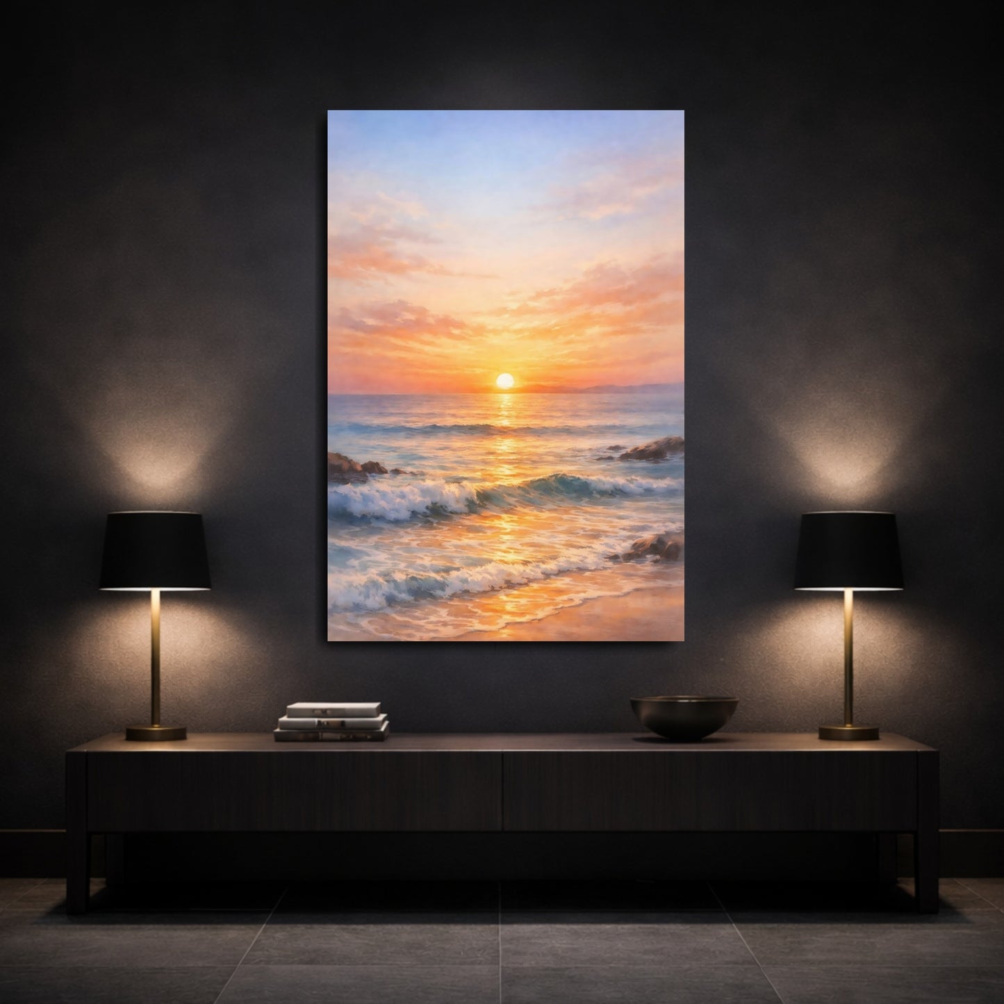 Mockup 2. Nature Ocean Sunset Golden Ocean Sunset shown as stretched canvas wall art