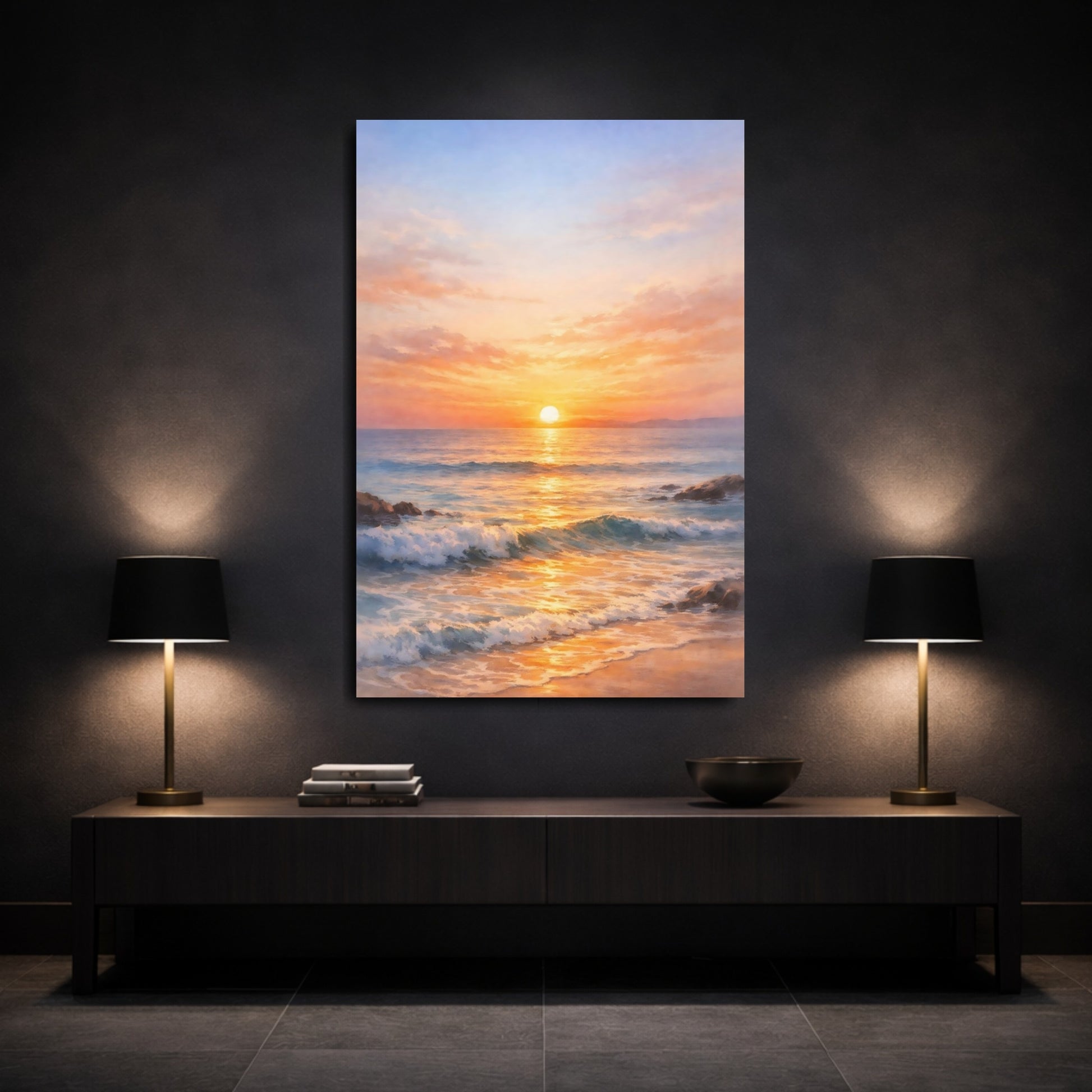 Mockup 2. Nature Ocean Sunset Golden Ocean Sunset shown as stretched canvas wall art