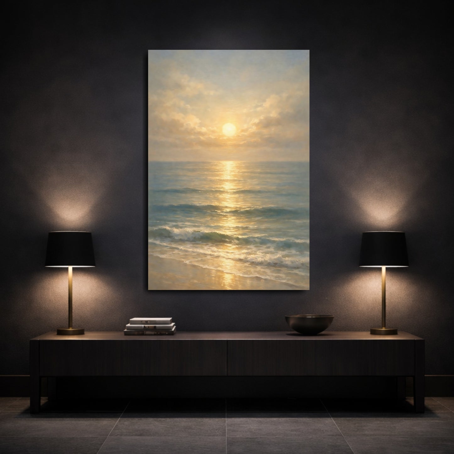 Mockup 2. Nature Ocean Sunset Golden Ocean Sunset shown as stretched canvas wall art