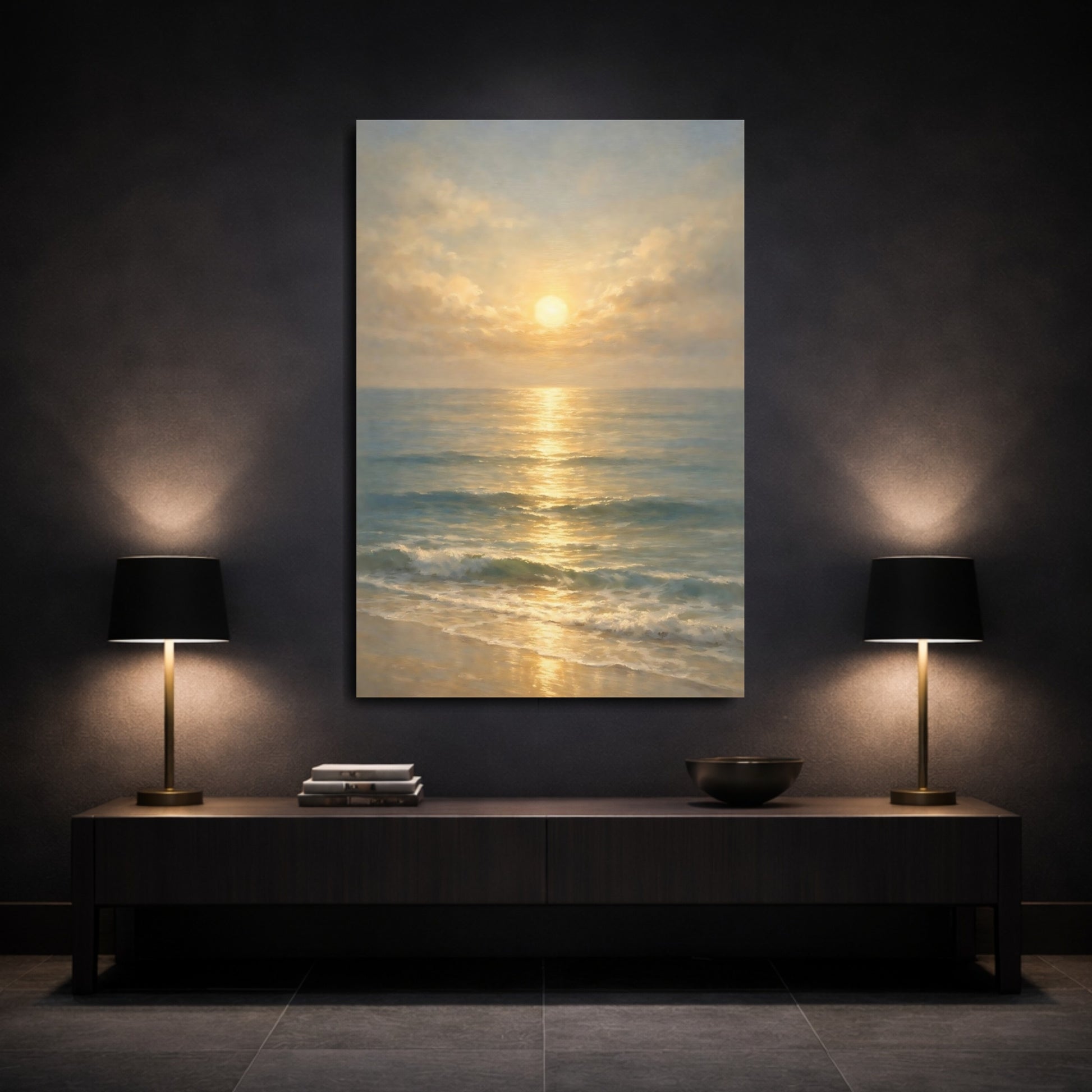 Mockup 2. Nature Ocean Sunset Golden Ocean Sunset shown as stretched canvas wall art