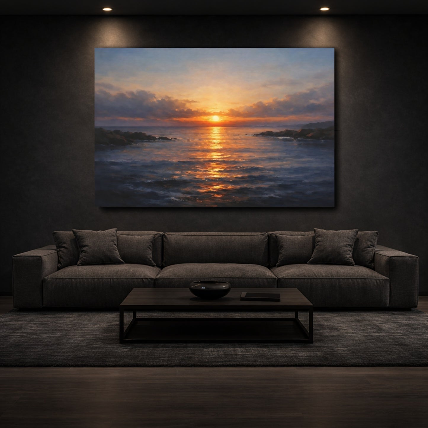 Mockup 2. Nature Ocean Sunset Golden Ocean Sunset shown as stretched canvas wall art