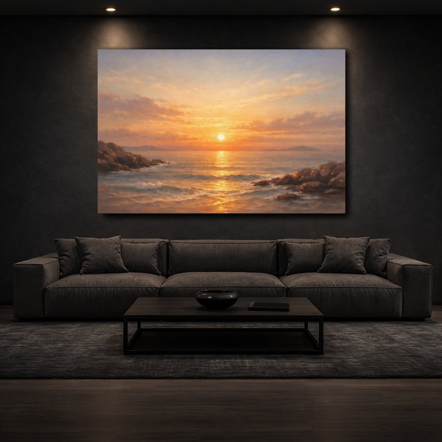 Mockup 2. Nature Ocean Sunset Golden Ocean Sunset shown as stretched canvas wall art
