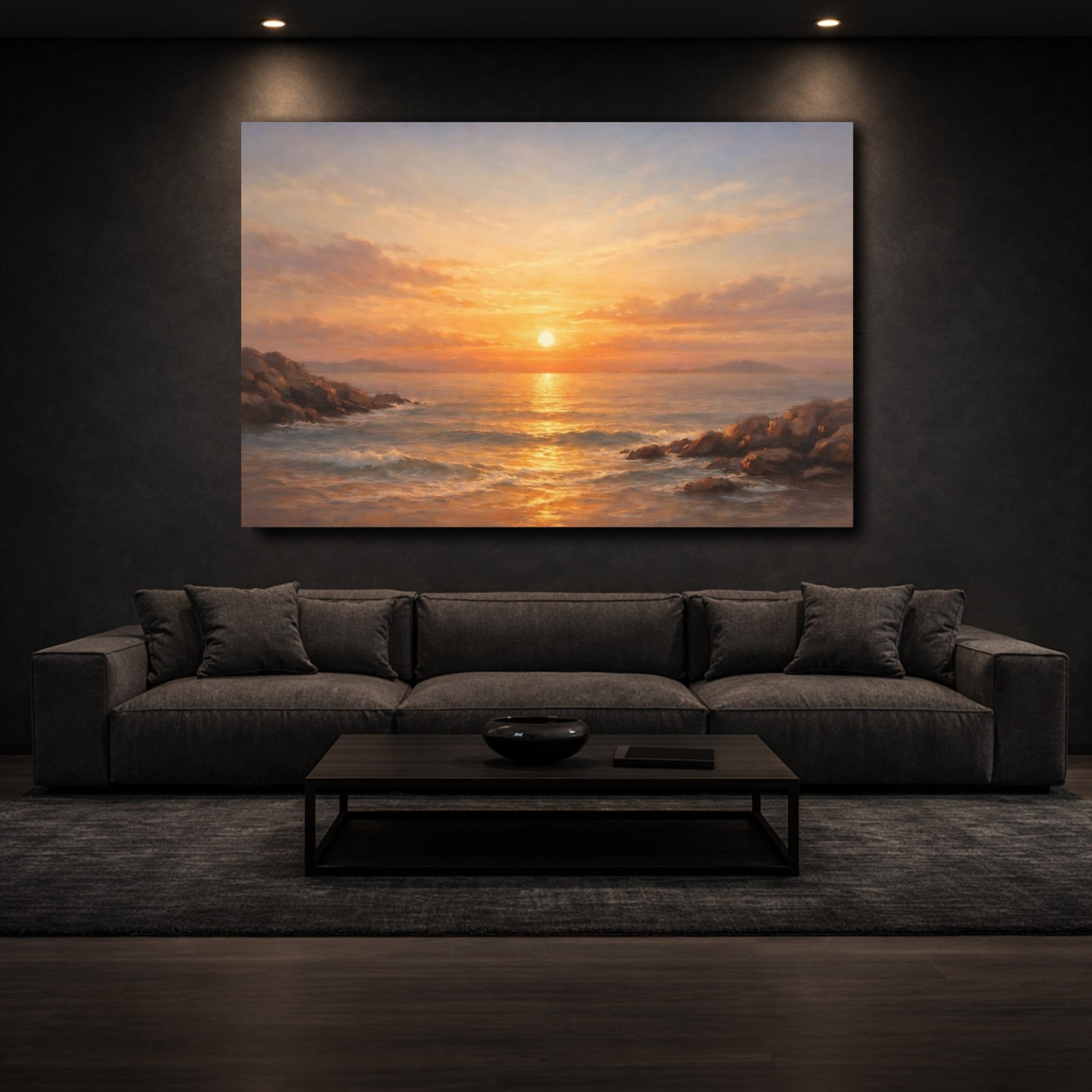 Mockup 2. Nature Ocean Sunset Golden Ocean Sunset shown as stretched canvas wall art