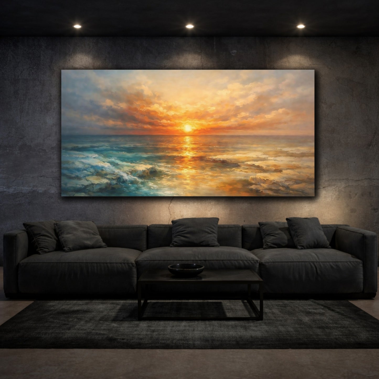 Mockup 2. Nature Ocean Sunset Golden Ocean Sunset shown as stretched canvas wall art