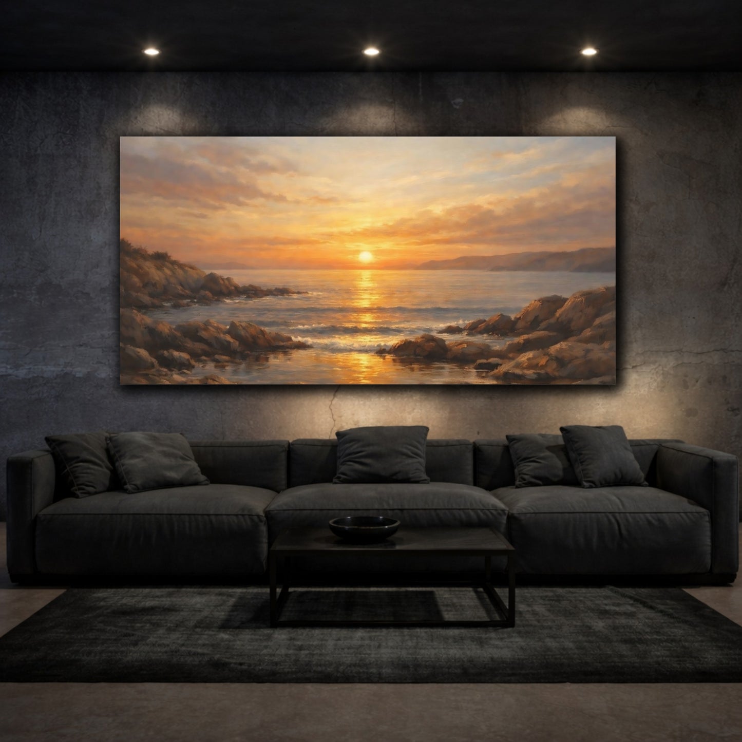 Mockup 2. Nature Ocean Sunset Golden Ocean Sunset shown as stretched canvas wall art