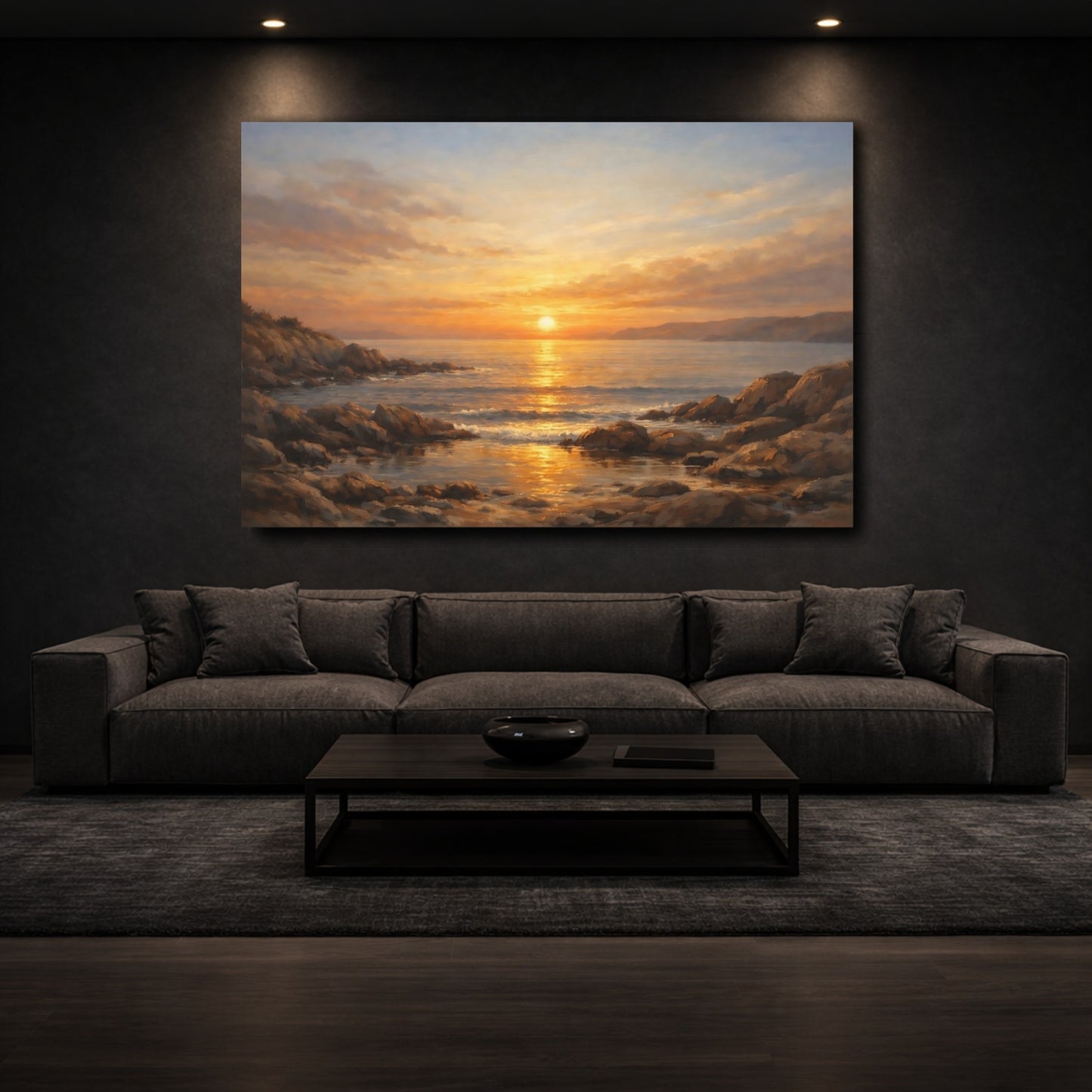Mockup 2. Nature Ocean Sunset Golden Ocean Sunset shown as stretched canvas wall art
