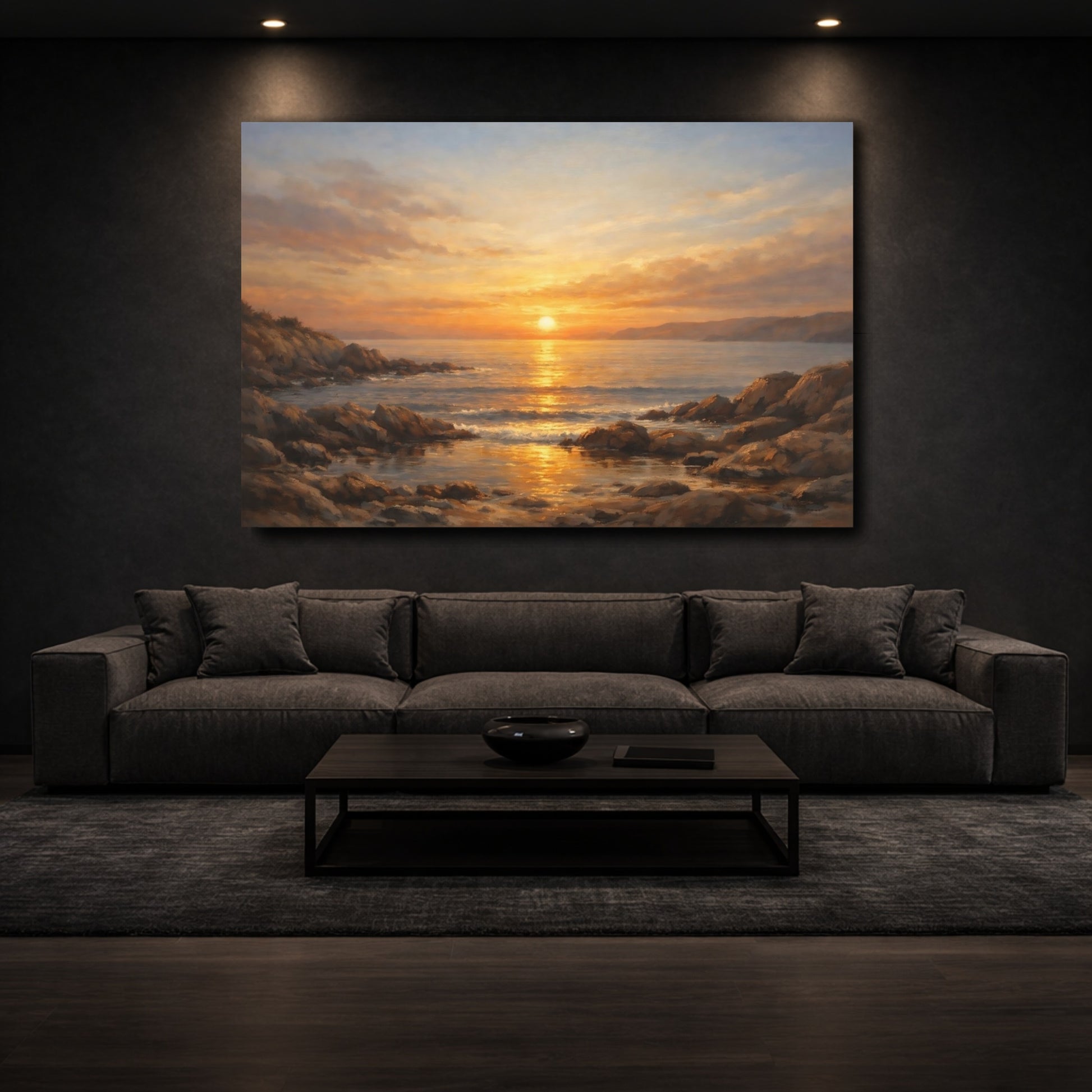 Mockup 2. Nature Ocean Sunset Golden Ocean Sunset shown as stretched canvas wall art