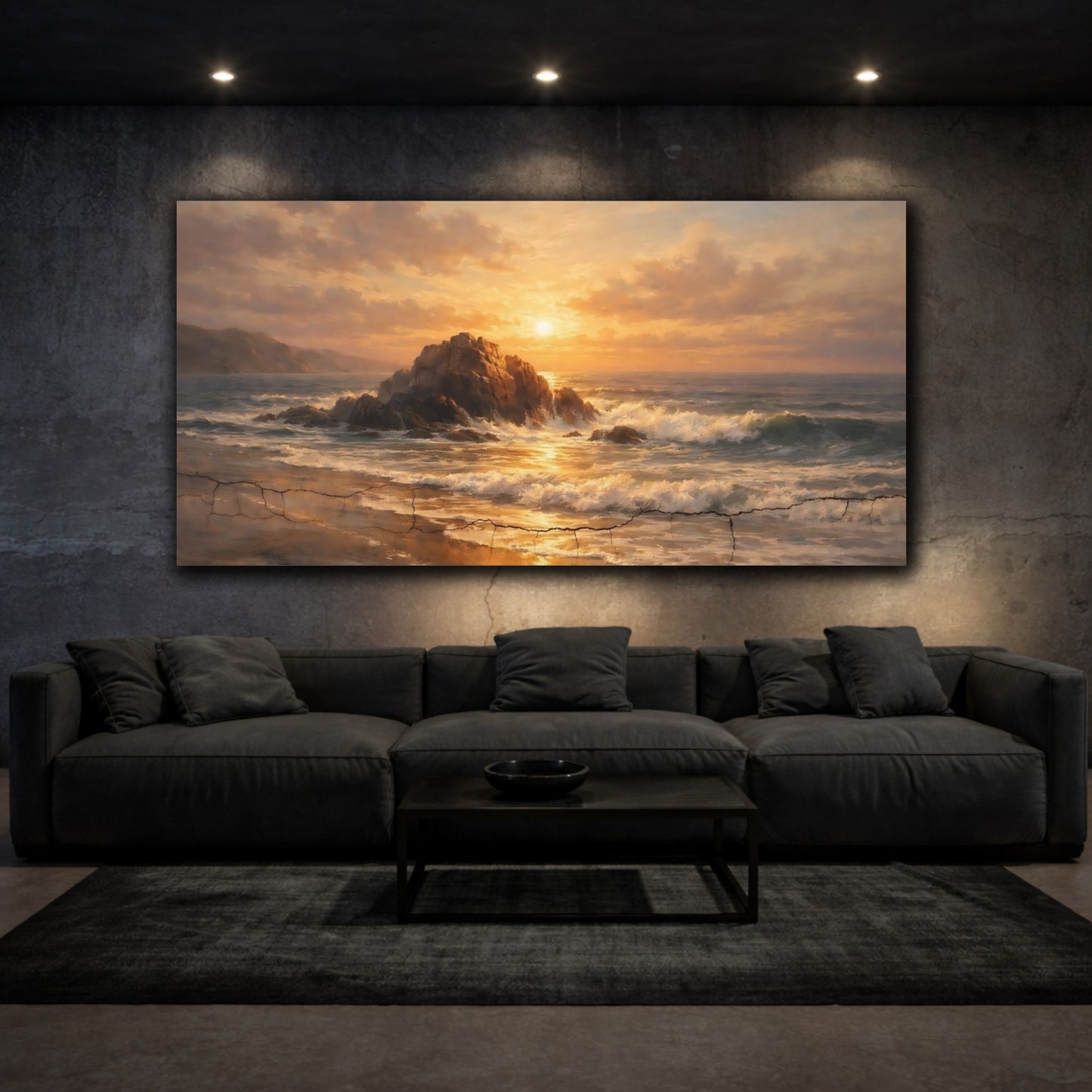 Mockup 2. Nature Ocean Sunset Golden Ocean Sunset shown as stretched canvas wall art