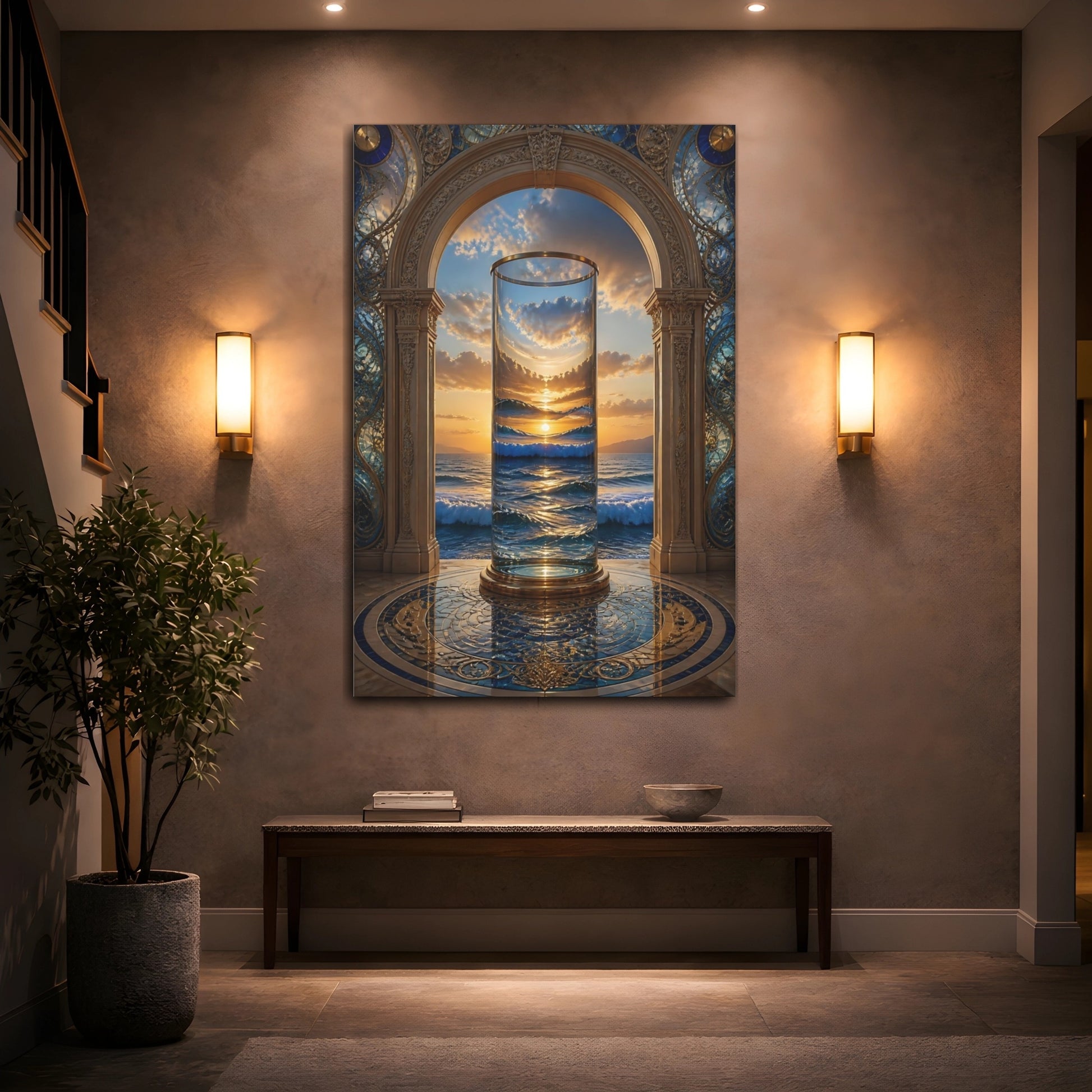 Mockup 2. Nature Ocean Sunset Golden Ocean Sunset shown as stretched canvas wall art