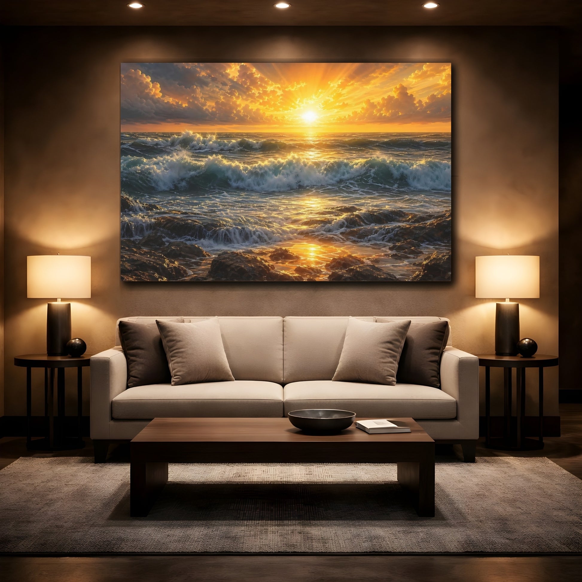 Mockup 2. Nature Ocean Sunset Golden Ocean Sunset shown as stretched canvas wall art