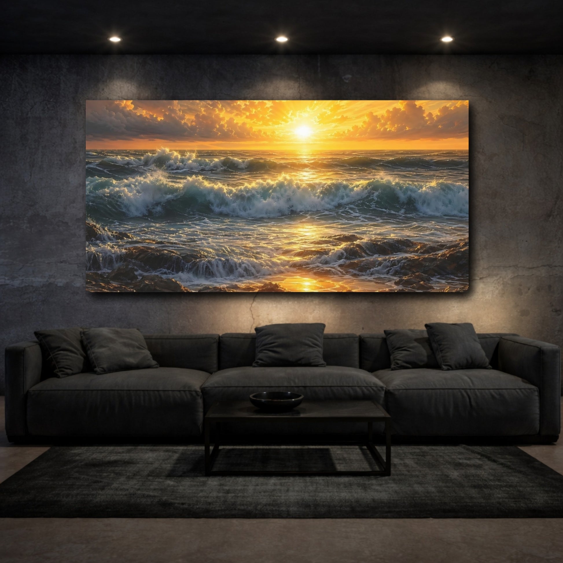 Mockup 2. Nature Ocean Sunset Golden Ocean Sunset shown as stretched canvas wall art