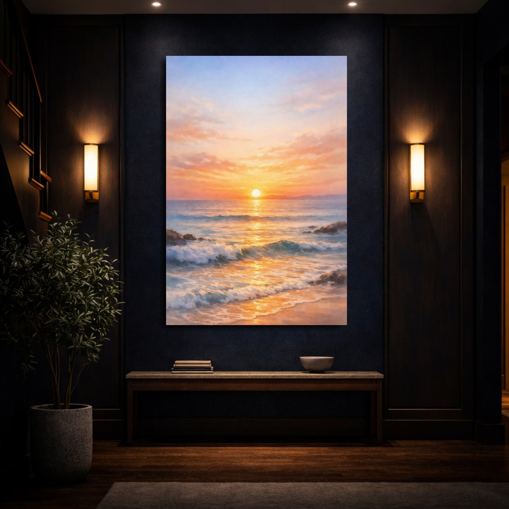 Mockup 3. Nature Ocean Sunset Golden Ocean Sunset shown as stretched canvas wall art