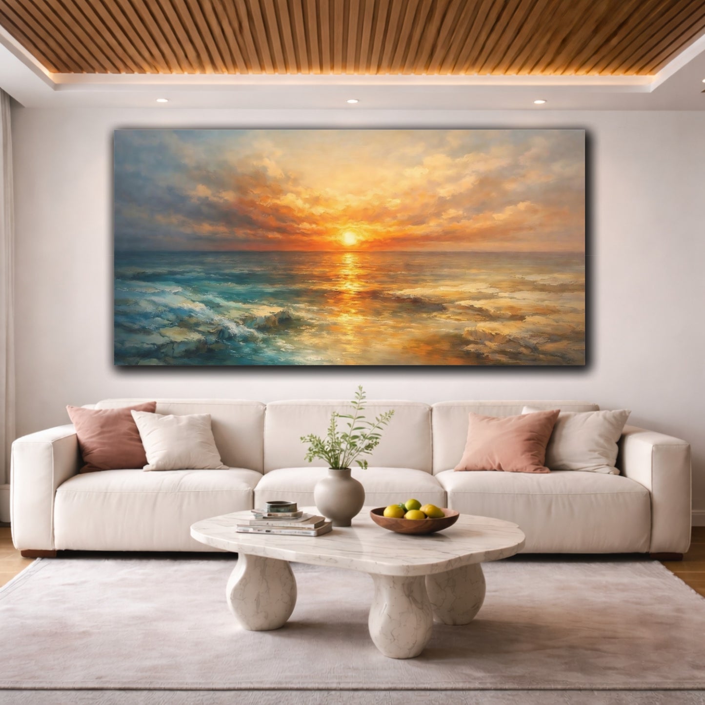 Mockup 3. Nature Ocean Sunset Golden Ocean Sunset shown as stretched canvas wall art