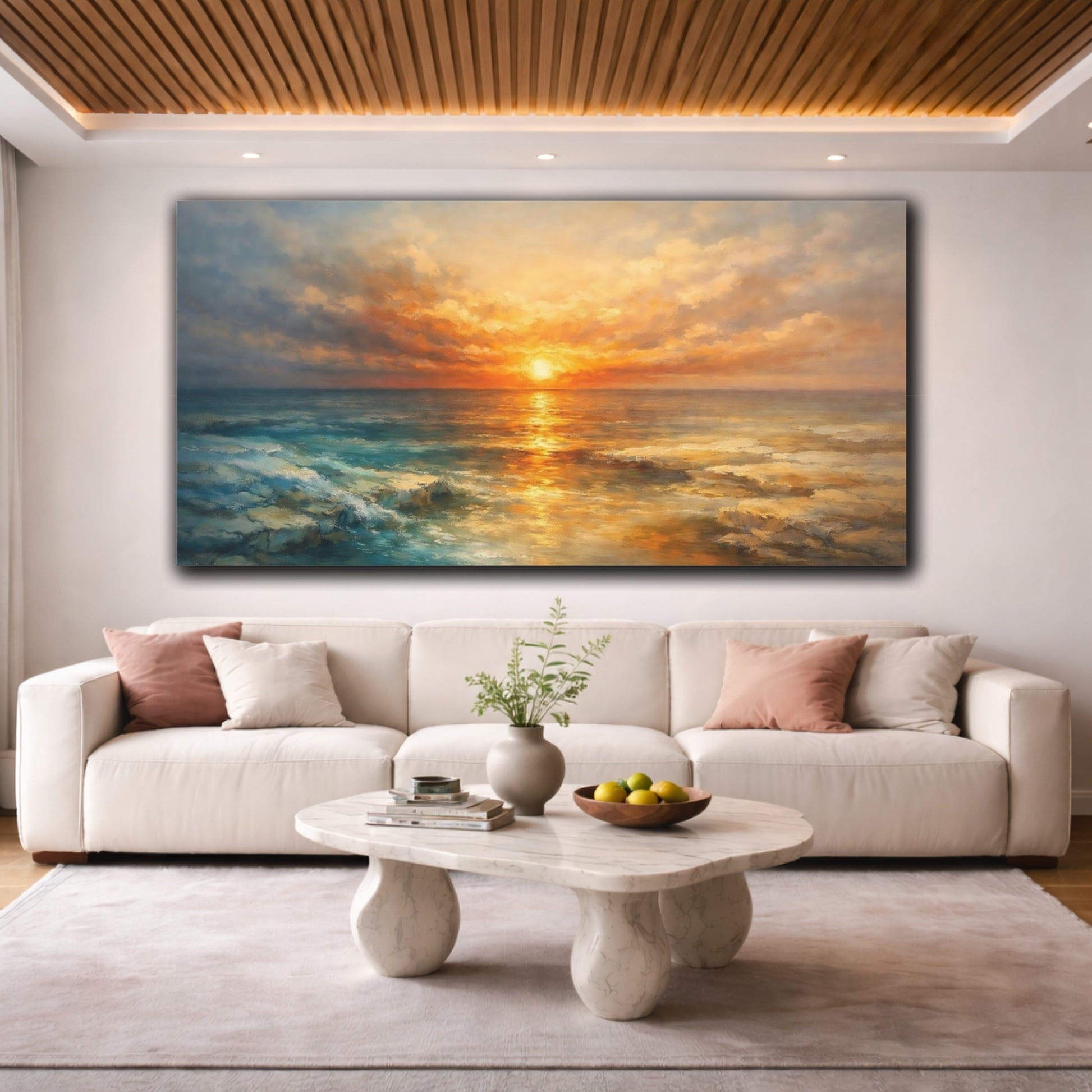Mockup 3. Nature Ocean Sunset Golden Ocean Sunset shown as stretched canvas wall art