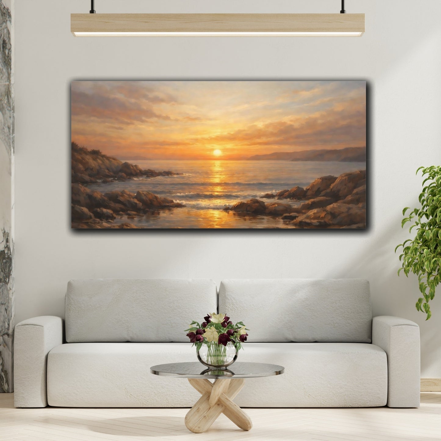 Mockup 3. Nature Ocean Sunset Golden Ocean Sunset shown as stretched canvas wall art