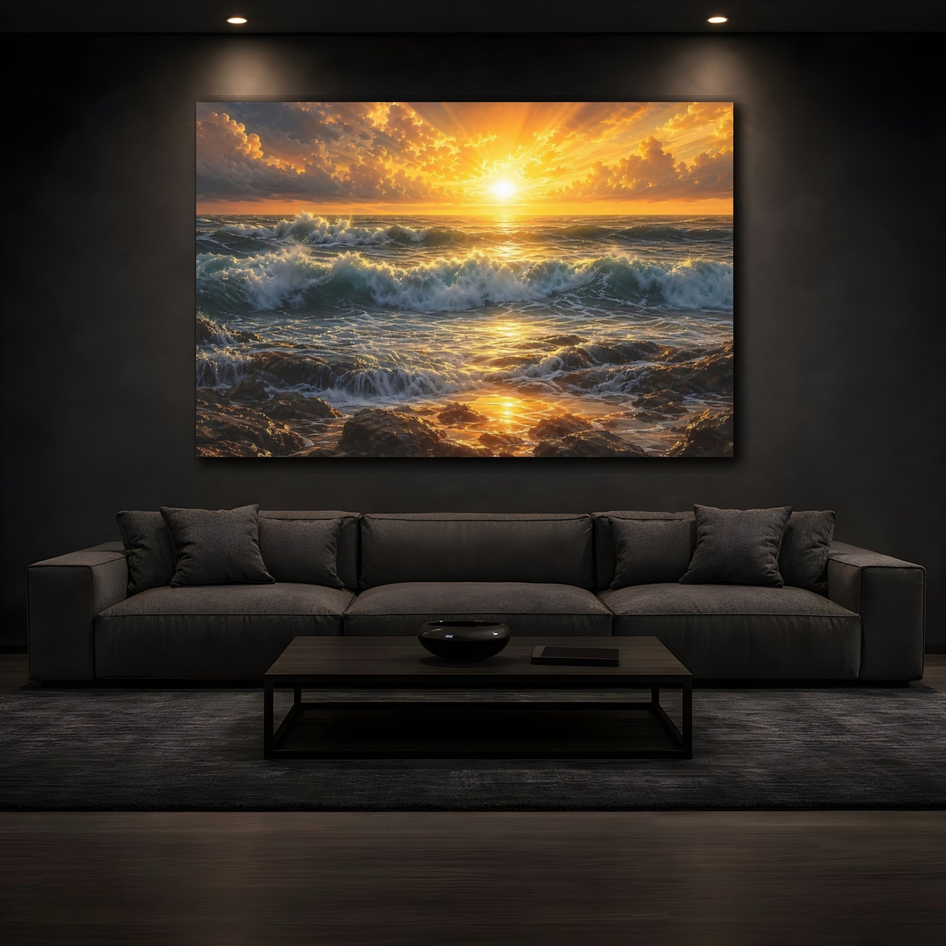 Mockup 3. Nature Ocean Sunset Golden Ocean Sunset shown as stretched canvas wall art