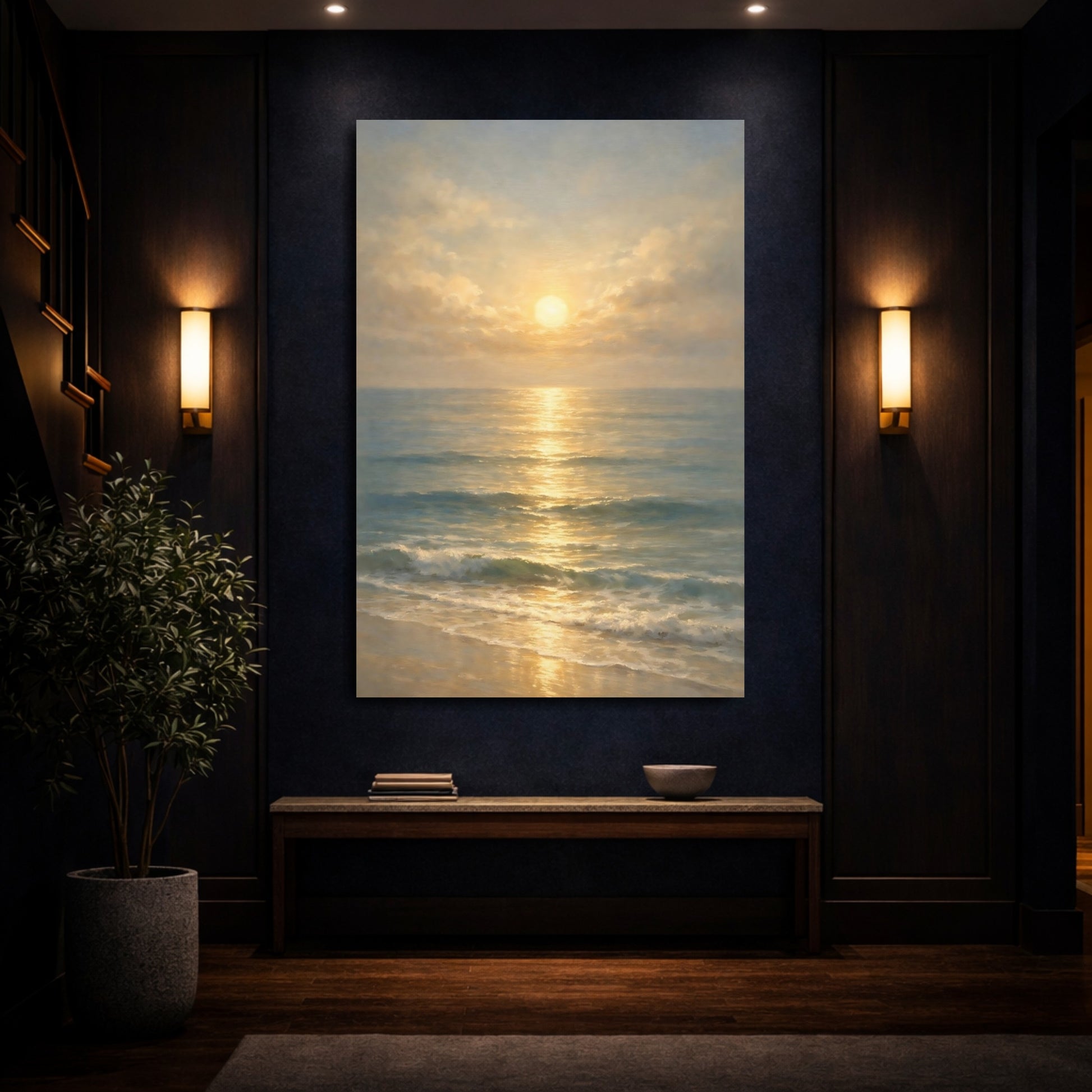 Mockup 3. Nature Ocean Sunset Golden Ocean Sunset shown as stretched canvas wall art