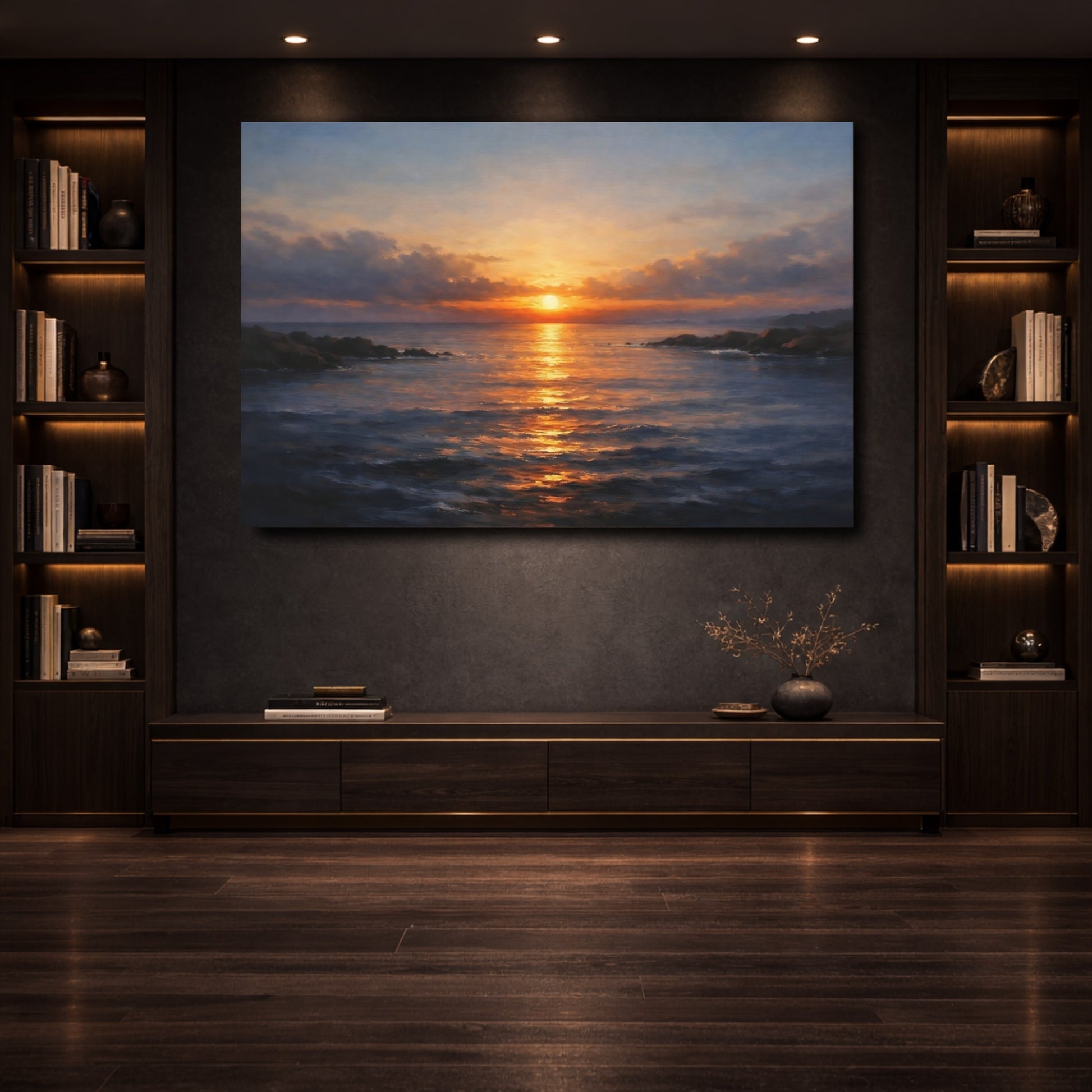 Mockup 3. Nature Ocean Sunset Golden Ocean Sunset shown as stretched canvas wall art