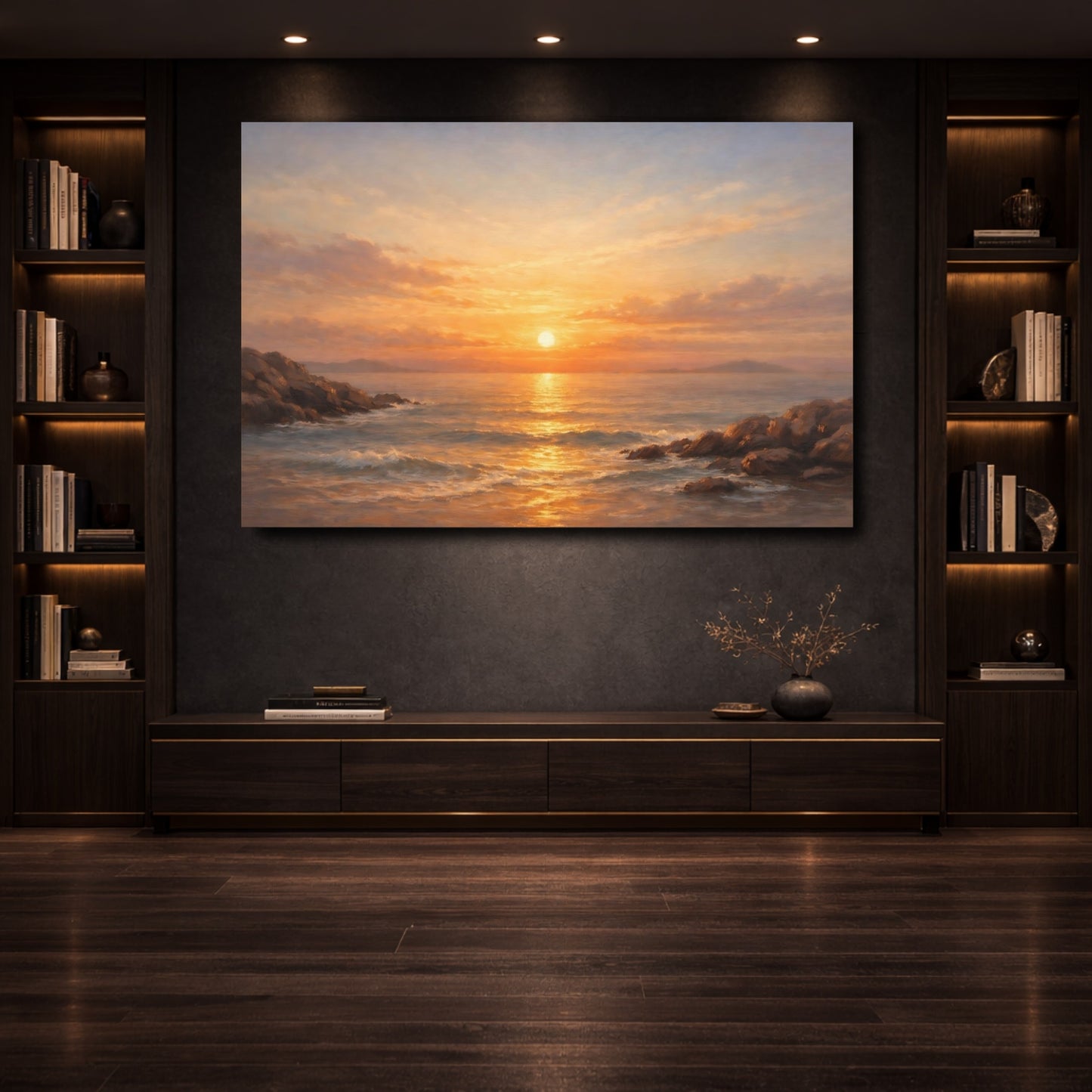 Mockup 3. Nature Ocean Sunset Golden Ocean Sunset shown as stretched canvas wall art