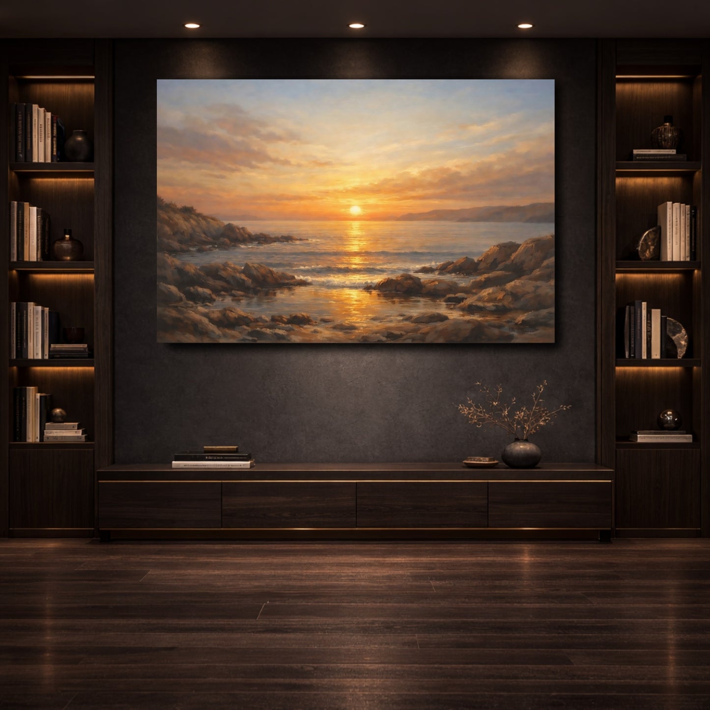 Mockup 3. Nature Ocean Sunset Golden Ocean Sunset shown as stretched canvas wall art