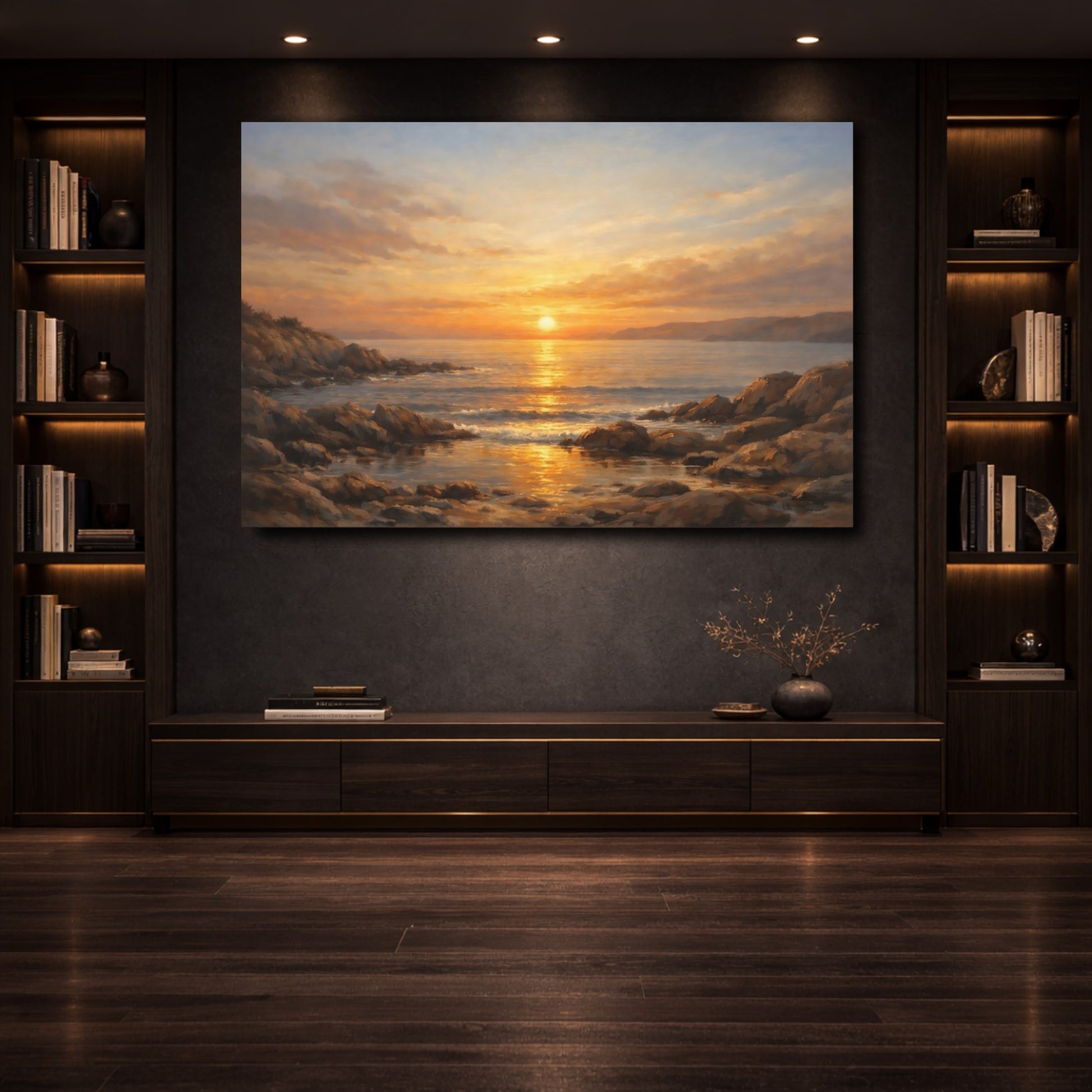 Mockup 3. Nature Ocean Sunset Golden Ocean Sunset shown as stretched canvas wall art