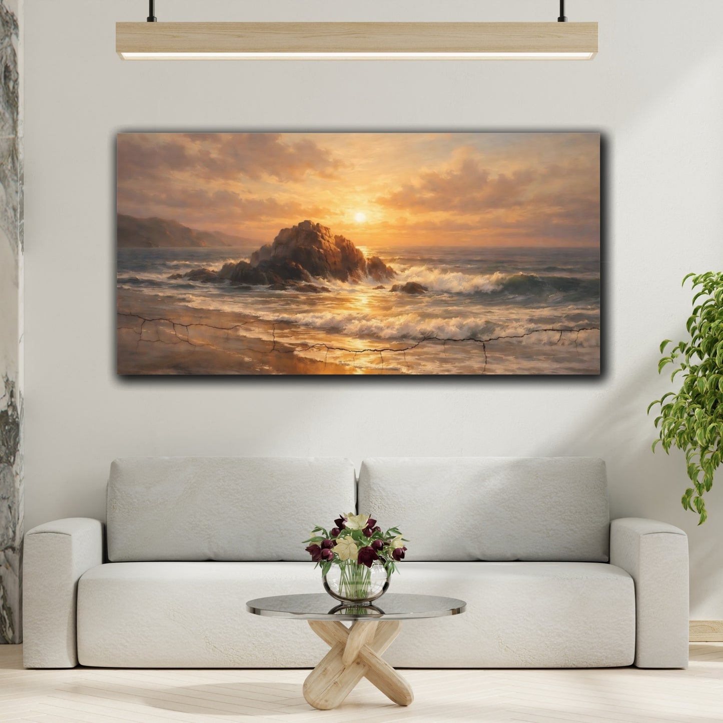 Mockup 3. Nature Ocean Sunset Golden Ocean Sunset shown as stretched canvas wall art