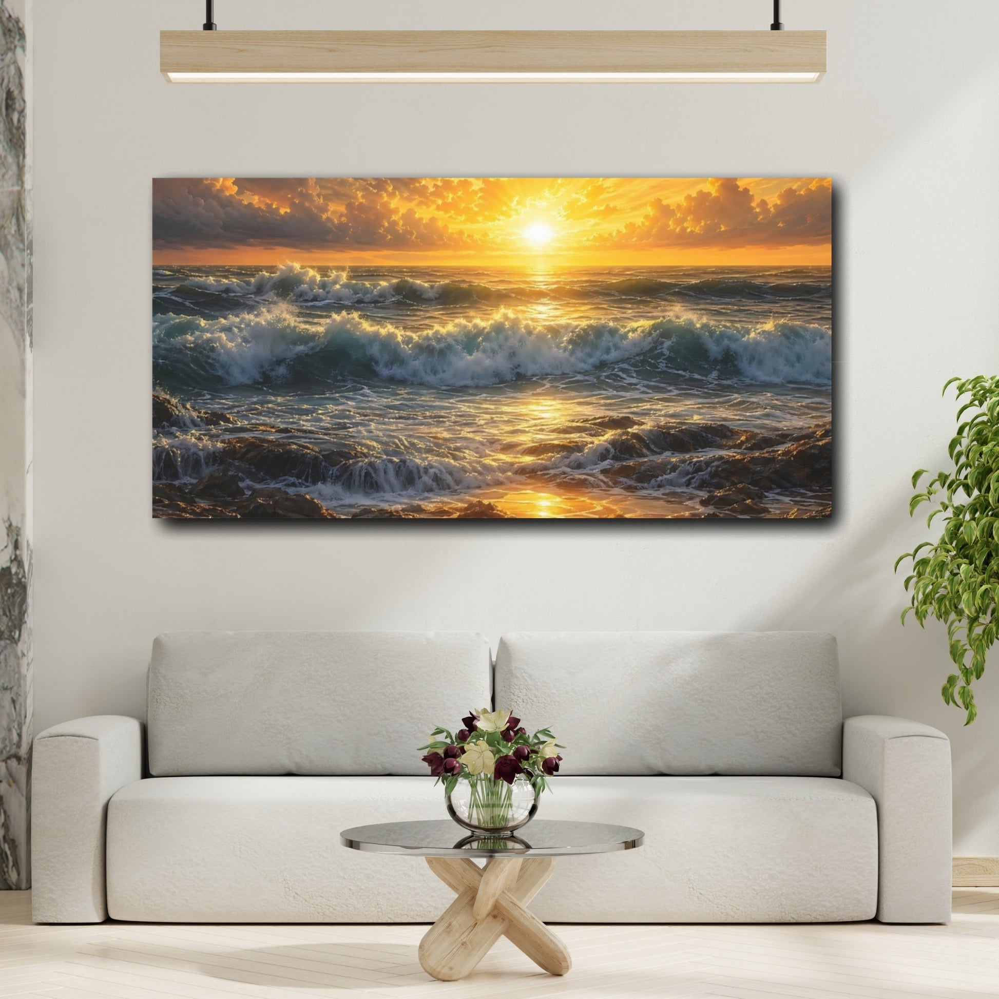 Mockup 3. Nature Ocean Sunset Golden Ocean Sunset shown as stretched canvas wall art