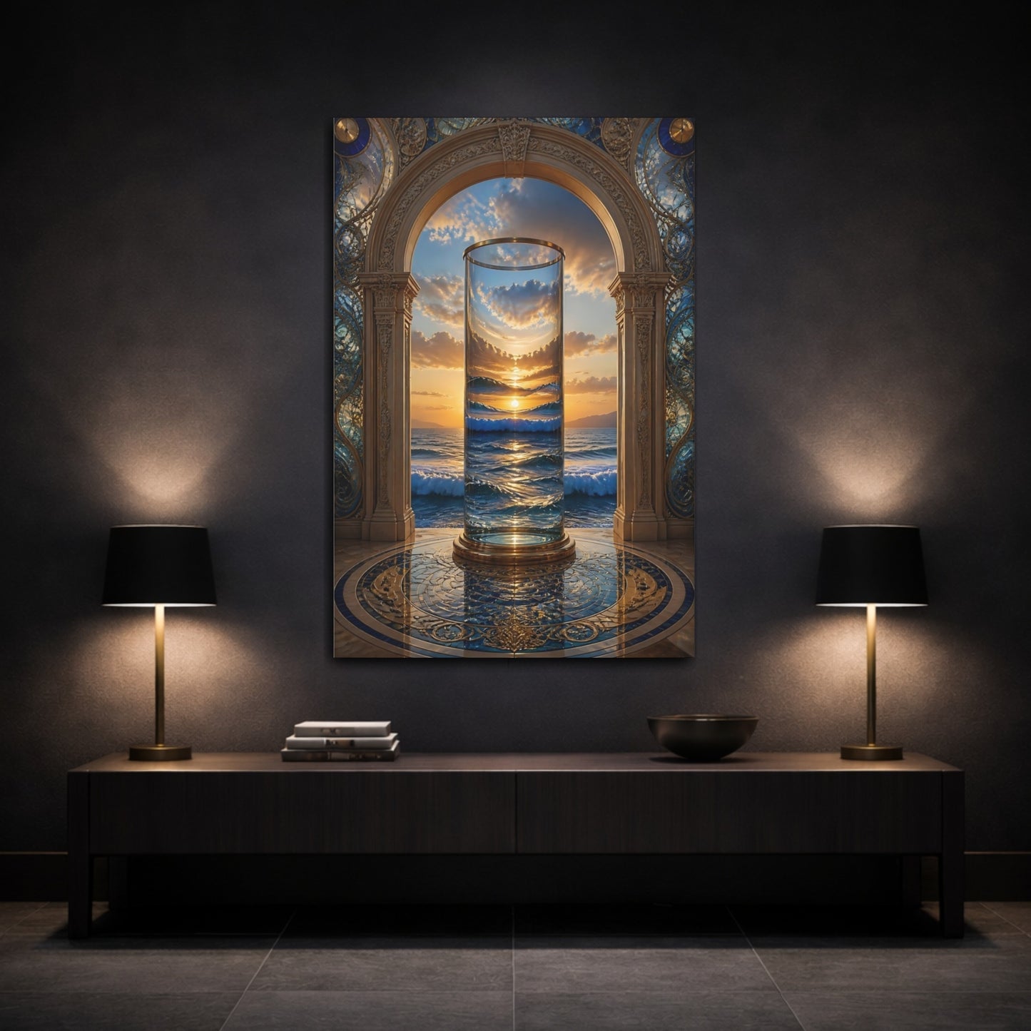 Mockup 3. Nature Ocean Sunset Golden Ocean Sunset shown as stretched canvas wall art