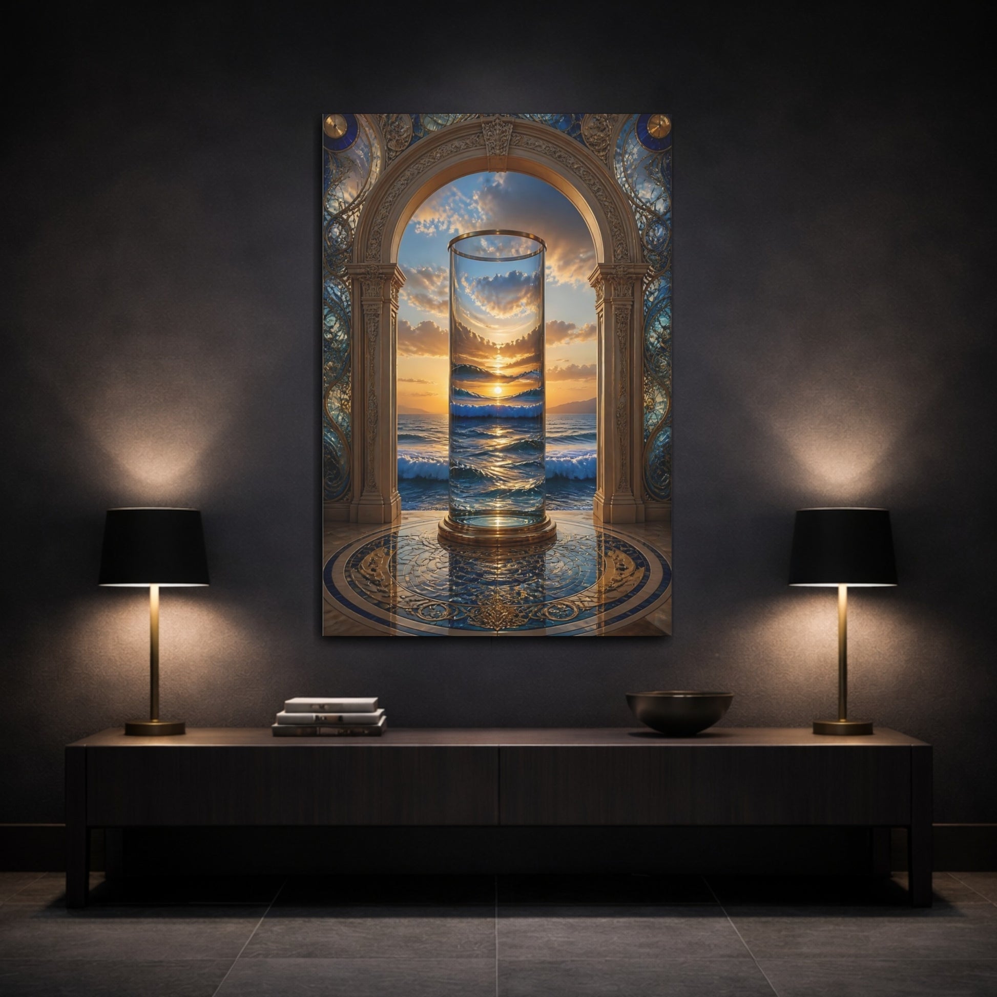 Mockup 3. Nature Ocean Sunset Golden Ocean Sunset shown as stretched canvas wall art