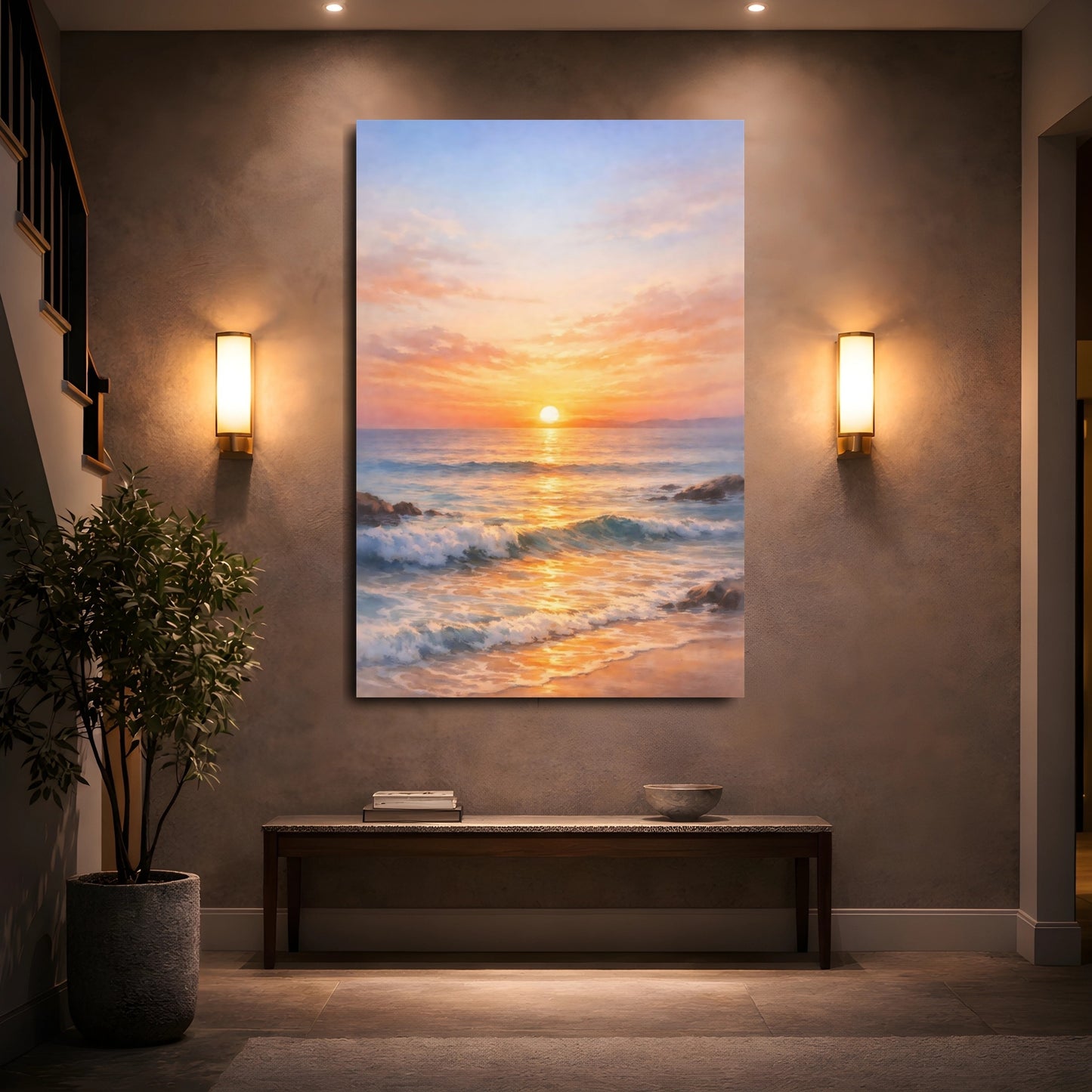 Mockup 4. Nature Ocean Sunset Golden Ocean Sunset shown as stretched canvas wall art