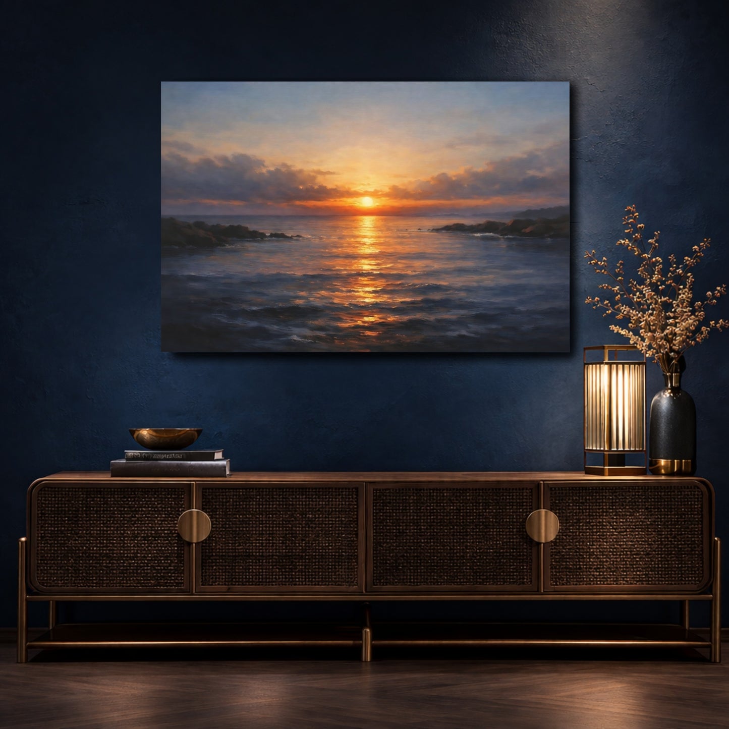 Mockup 4. Nature Ocean Sunset Golden Ocean Sunset shown as stretched canvas wall art