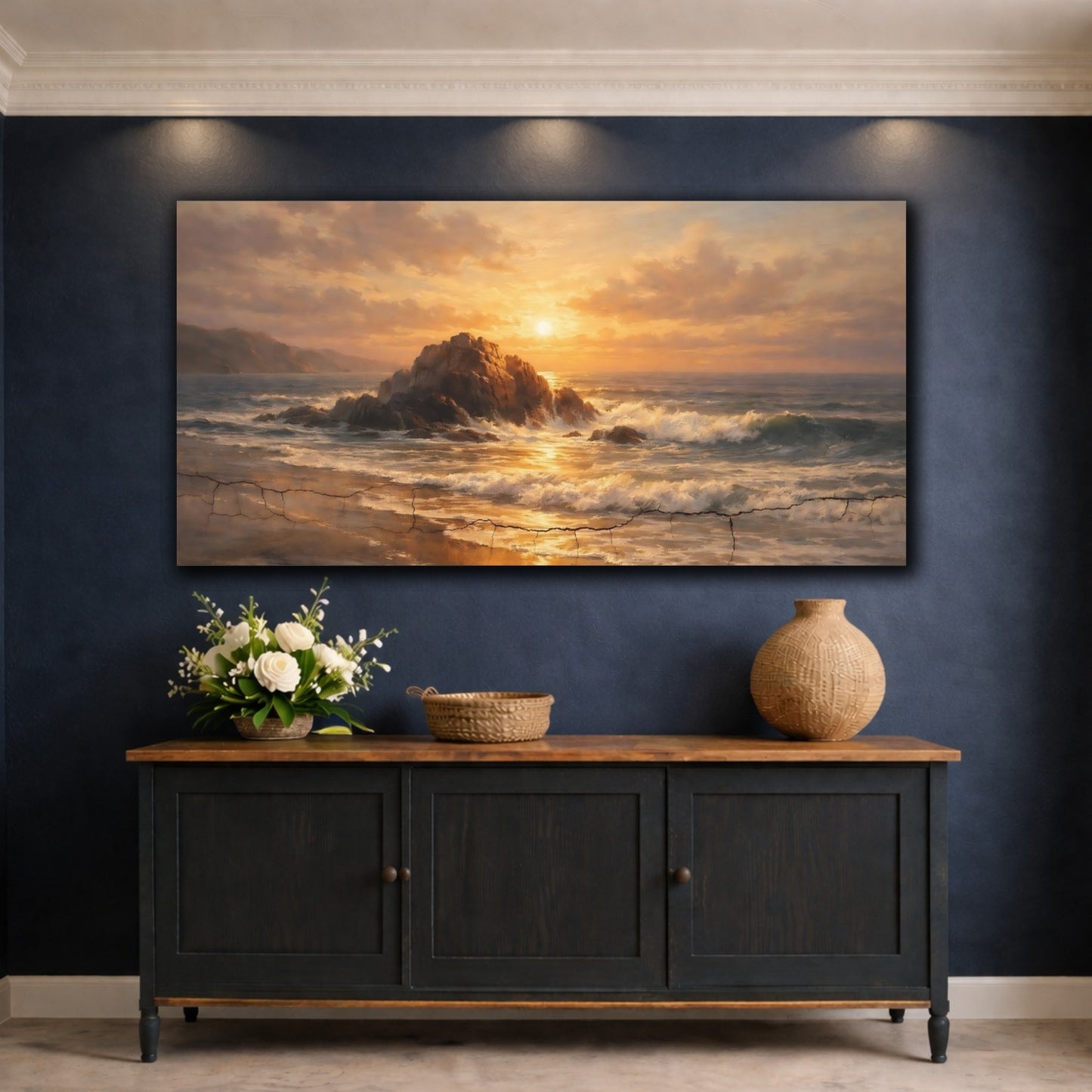 Mockup 4. Nature Ocean Sunset Golden Ocean Sunset shown as stretched canvas wall art