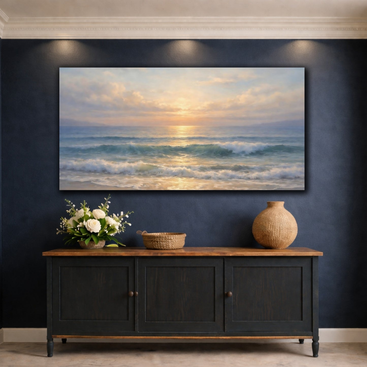 Mockup 4. Nature Ocean Sunset Golden Ocean Sunset shown as stretched canvas wall art