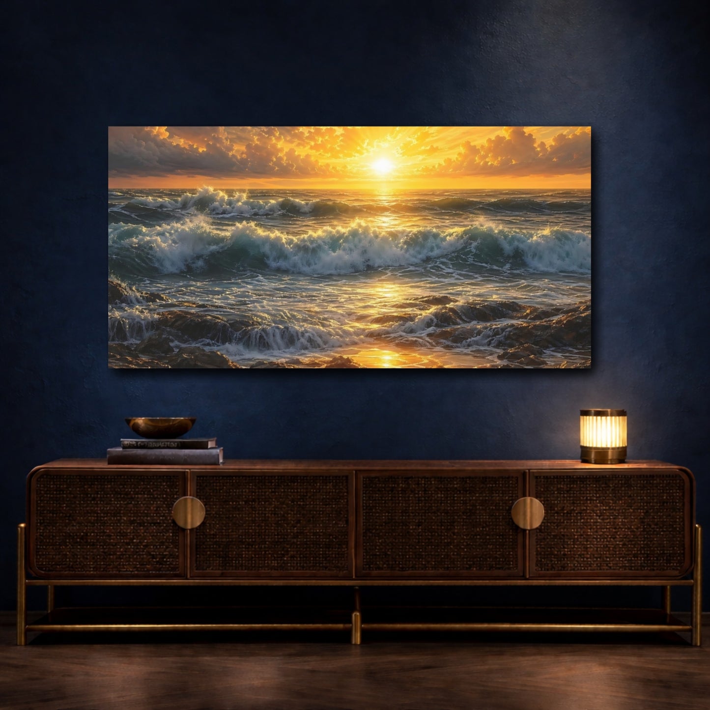 Mockup 4. Nature Ocean Sunset Golden Ocean Sunset shown as stretched canvas wall art