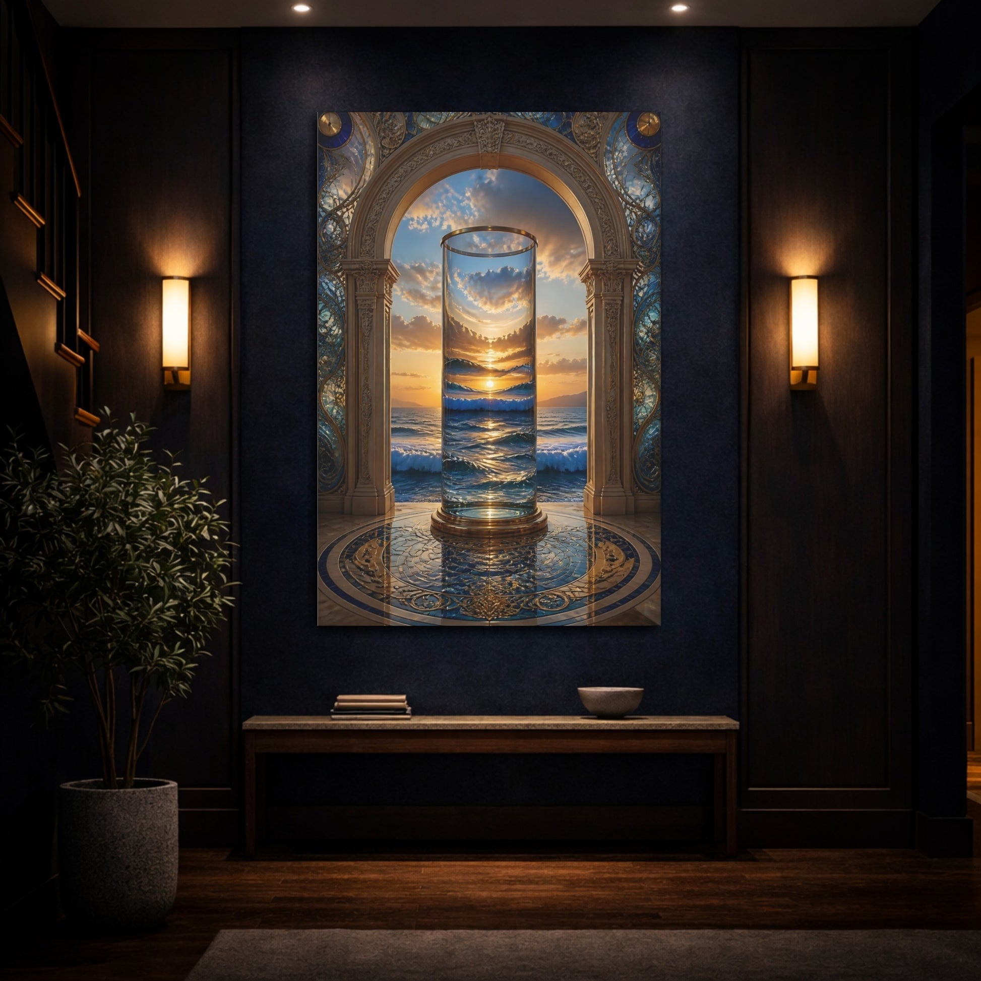 Mockup 4. Nature Ocean Sunset Golden Ocean Sunset shown as stretched canvas wall art