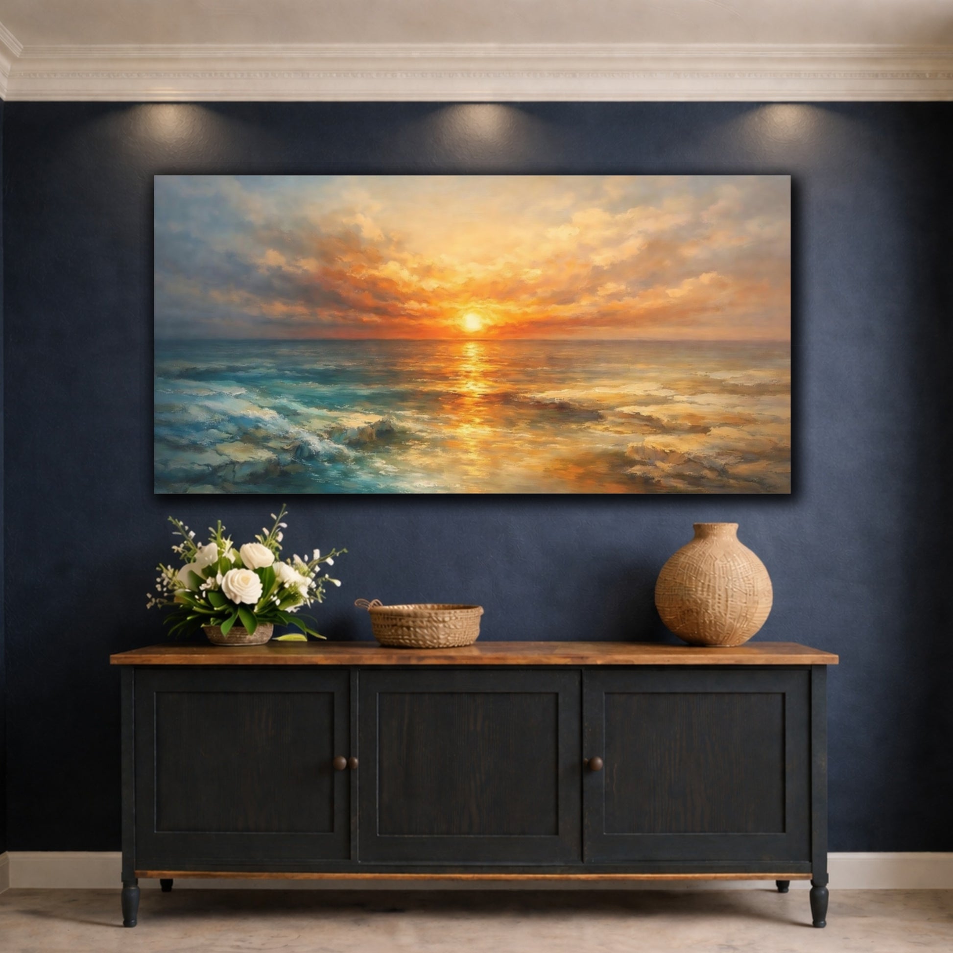 Mockup 4. Nature Ocean Sunset Golden Ocean Sunset shown as stretched canvas wall art