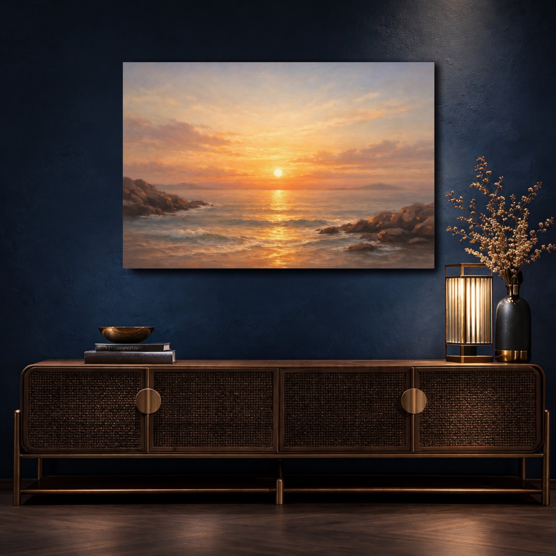 Mockup 4. Nature Ocean Sunset Golden Ocean Sunset shown as stretched canvas wall art